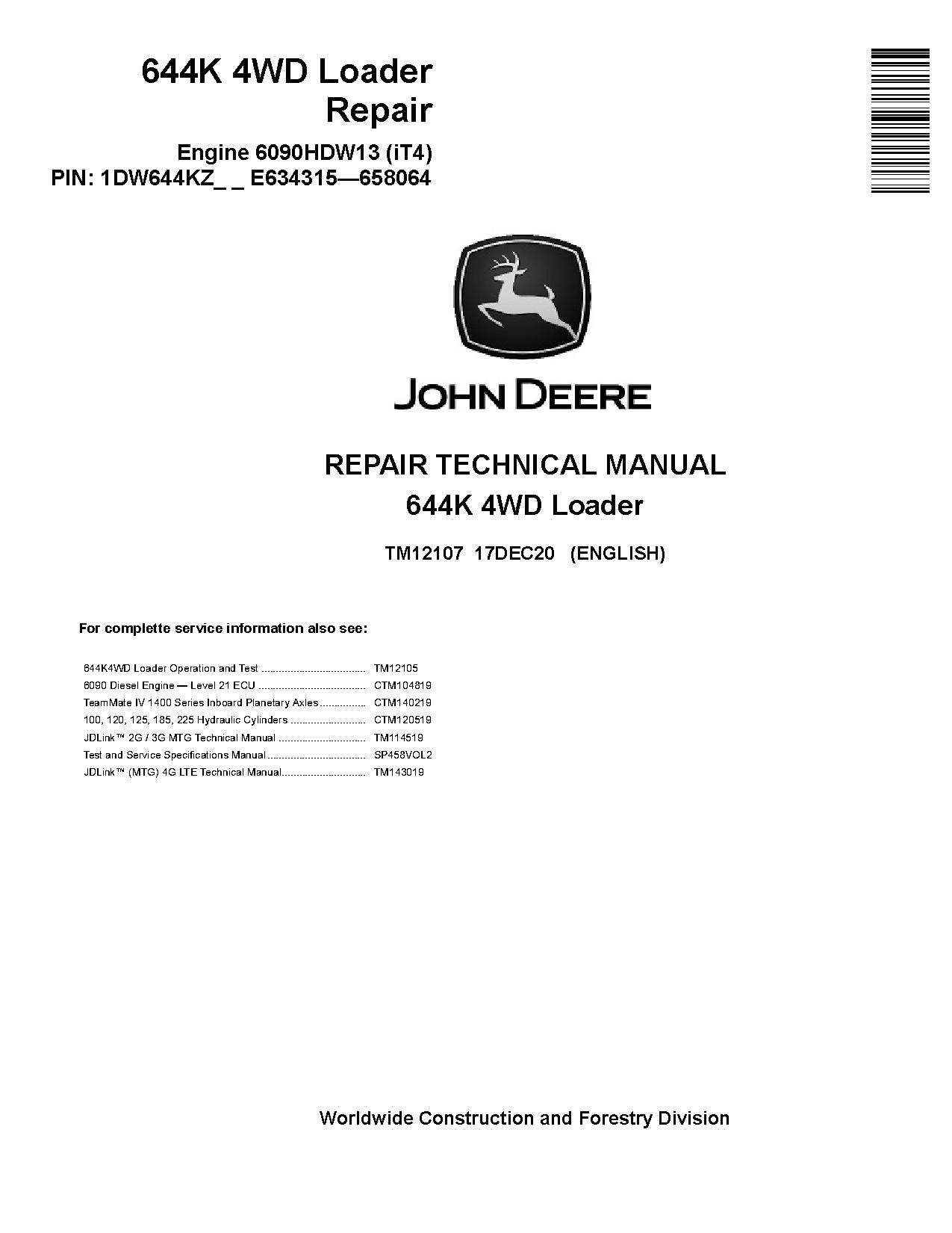 John Deere 644K 4WD Loaders Repair Manual TM12107 (1)