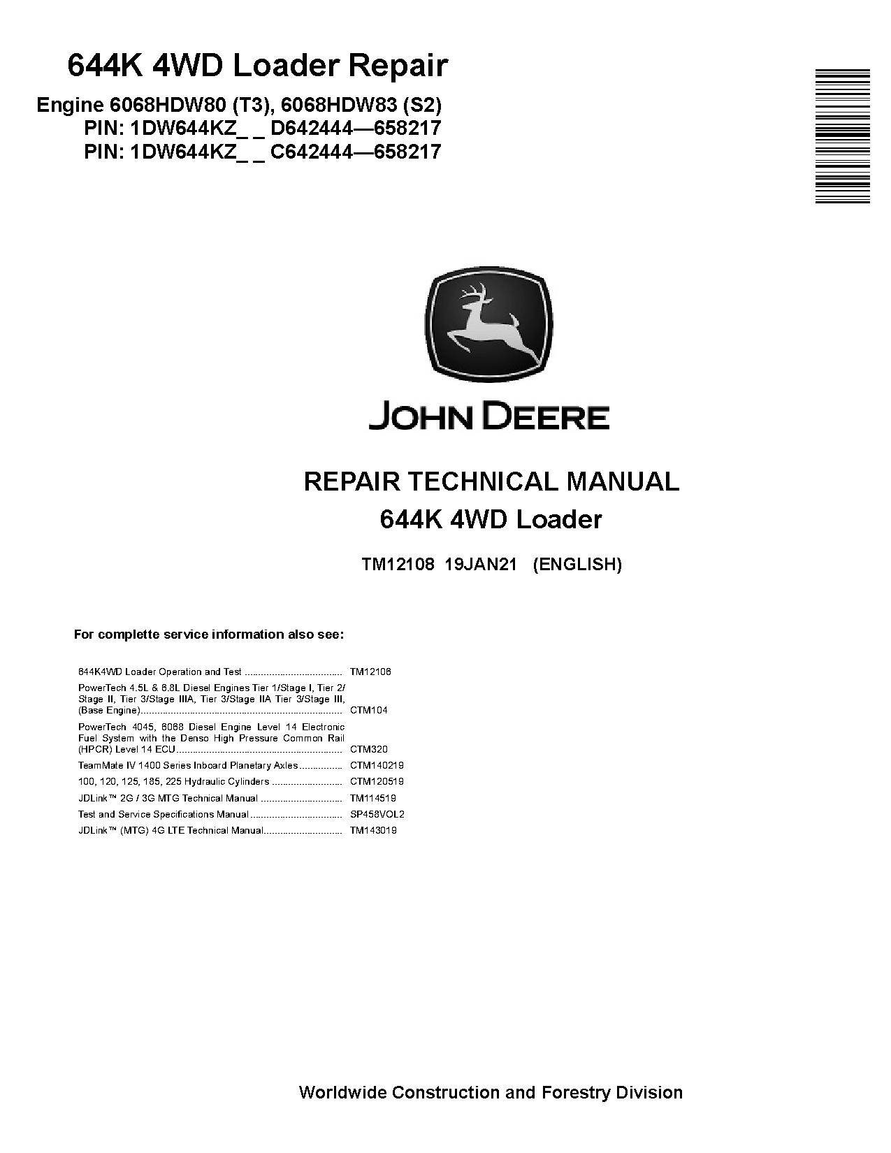 John Deere 644K 4WD Loaders Repair Manual TM12108 (1)