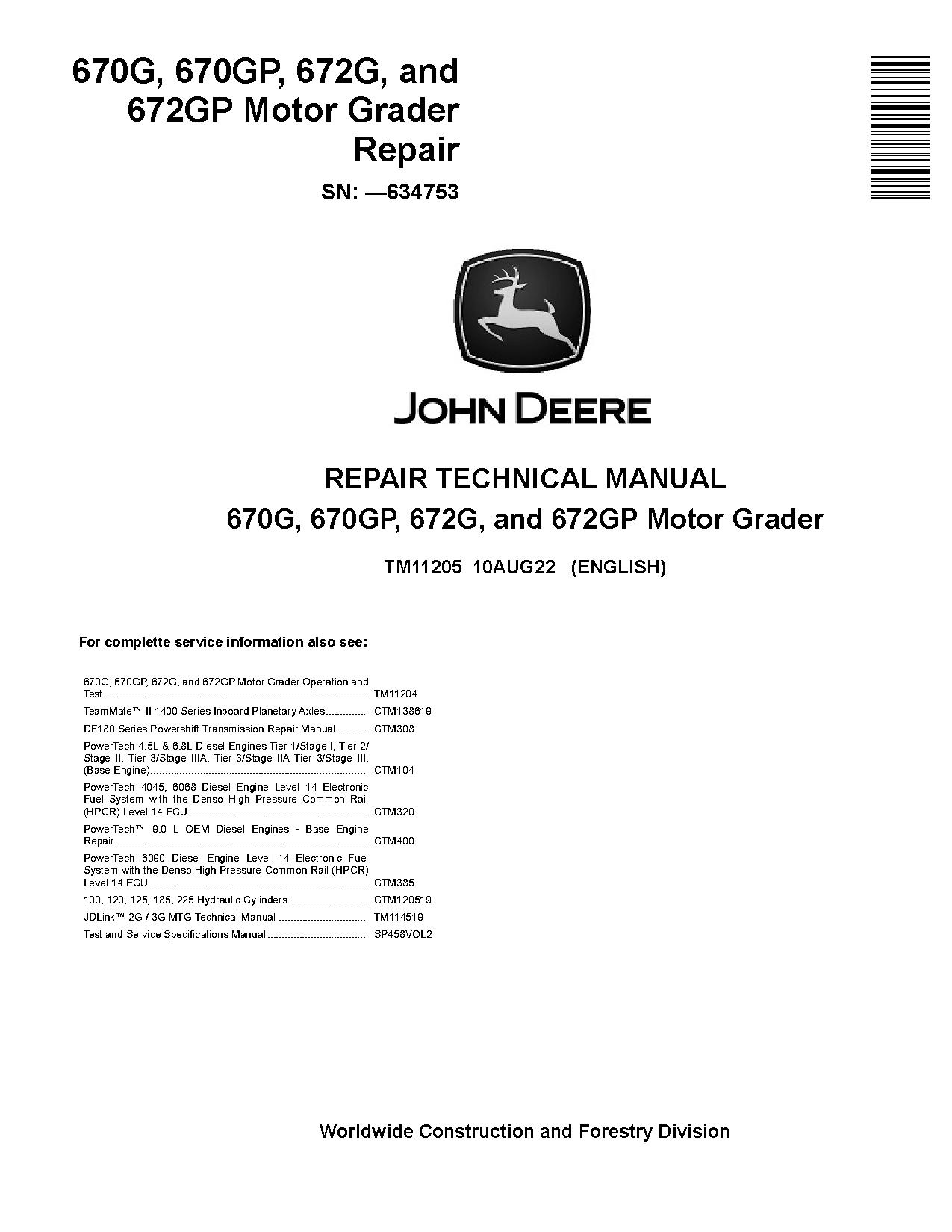 John Deere 670G 670GP 672G 672GP Motor Graders Repair Manual TM11205 (1)