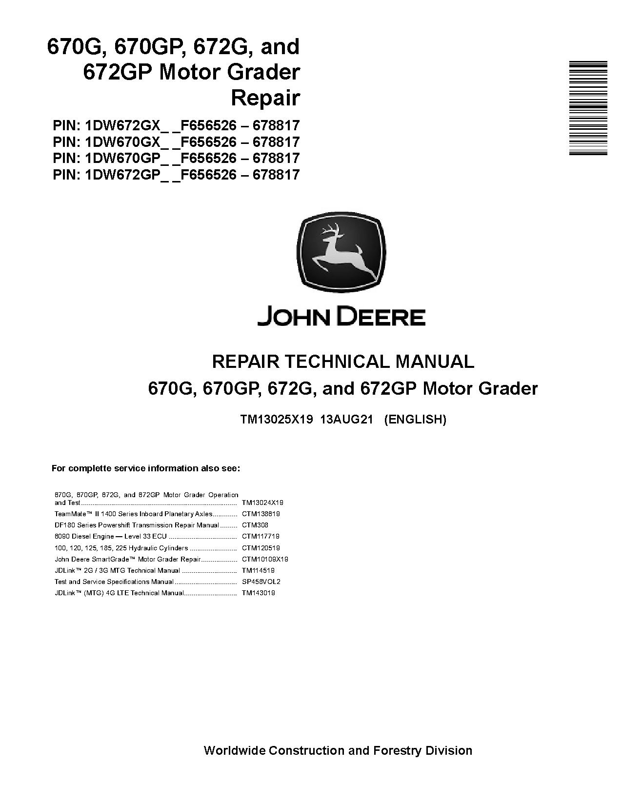 John Deere 670G 670GP 672G 672GP Motor Graders Repair Manual TM13025X19 (1)