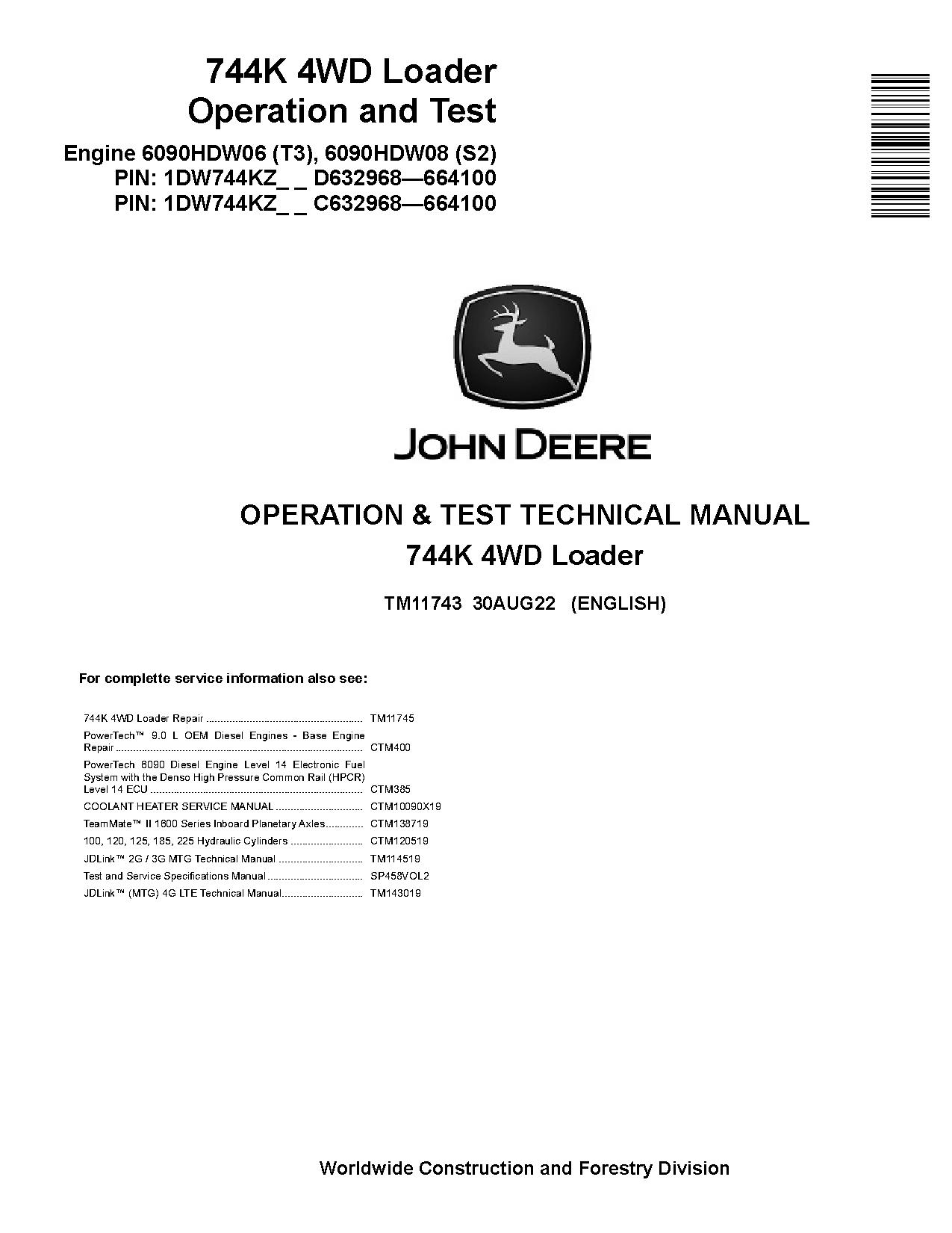 John Deere 744K 4WD Loaders Operation Test Manual TM11743 (1)