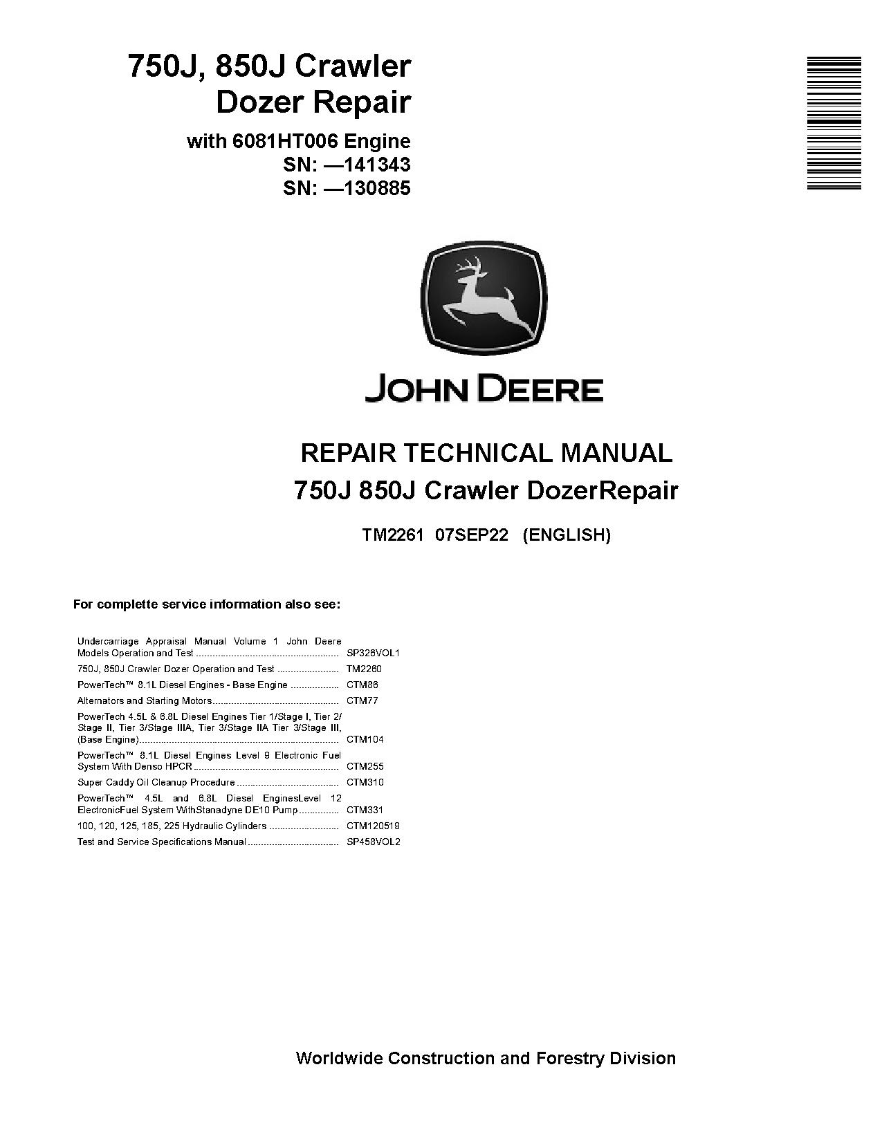 John Deere 750J 850J Crawler Dozers Repair Manual TM2261 (1)