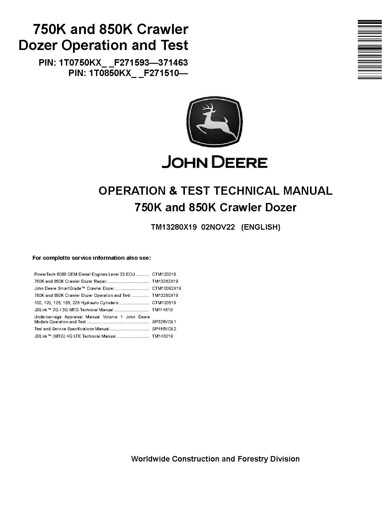 John Deere 750K 850K Crawler Dozers Operation Test Manual TM13280X19 (1)