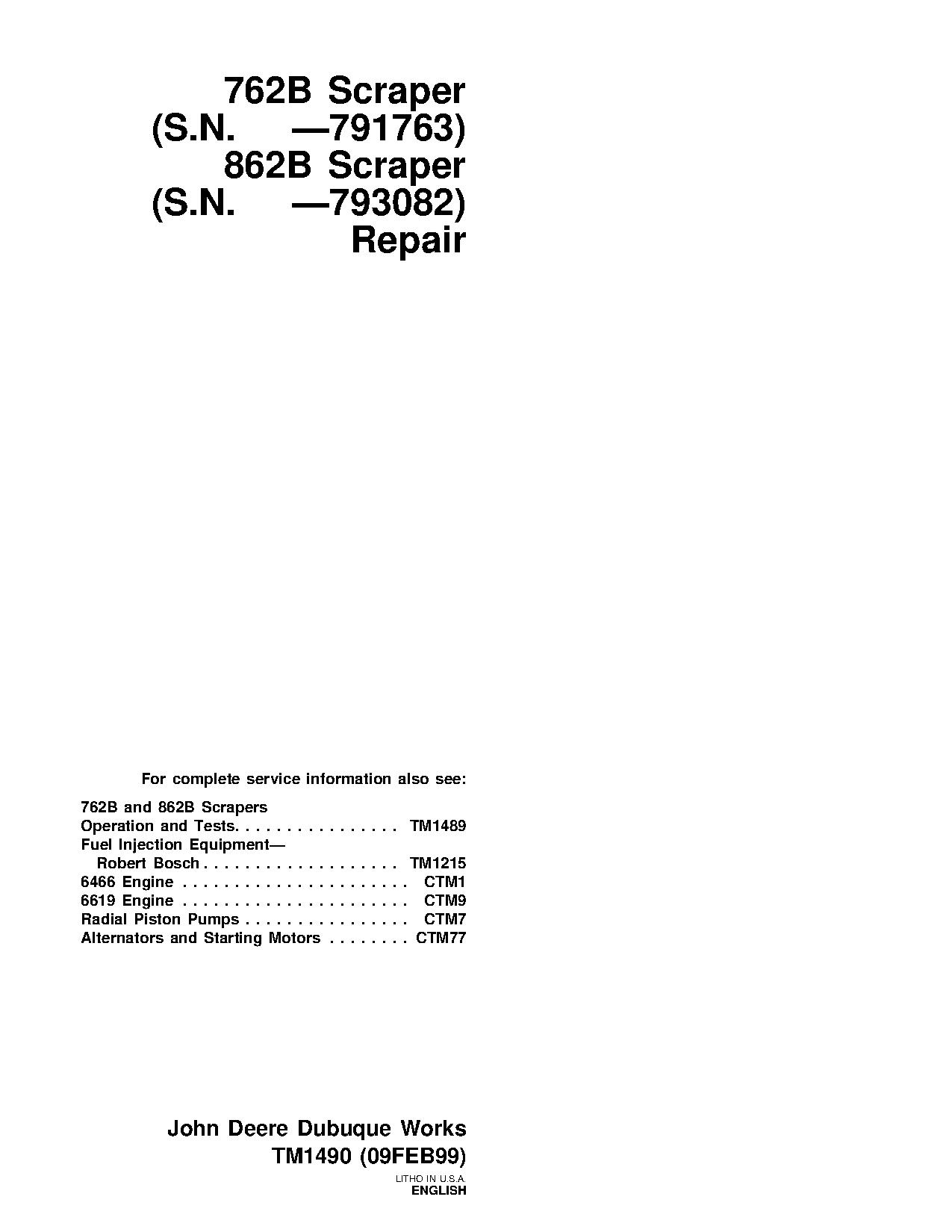 John Deere 762B 862B Scrapers Repair Manual TM1490 (1)