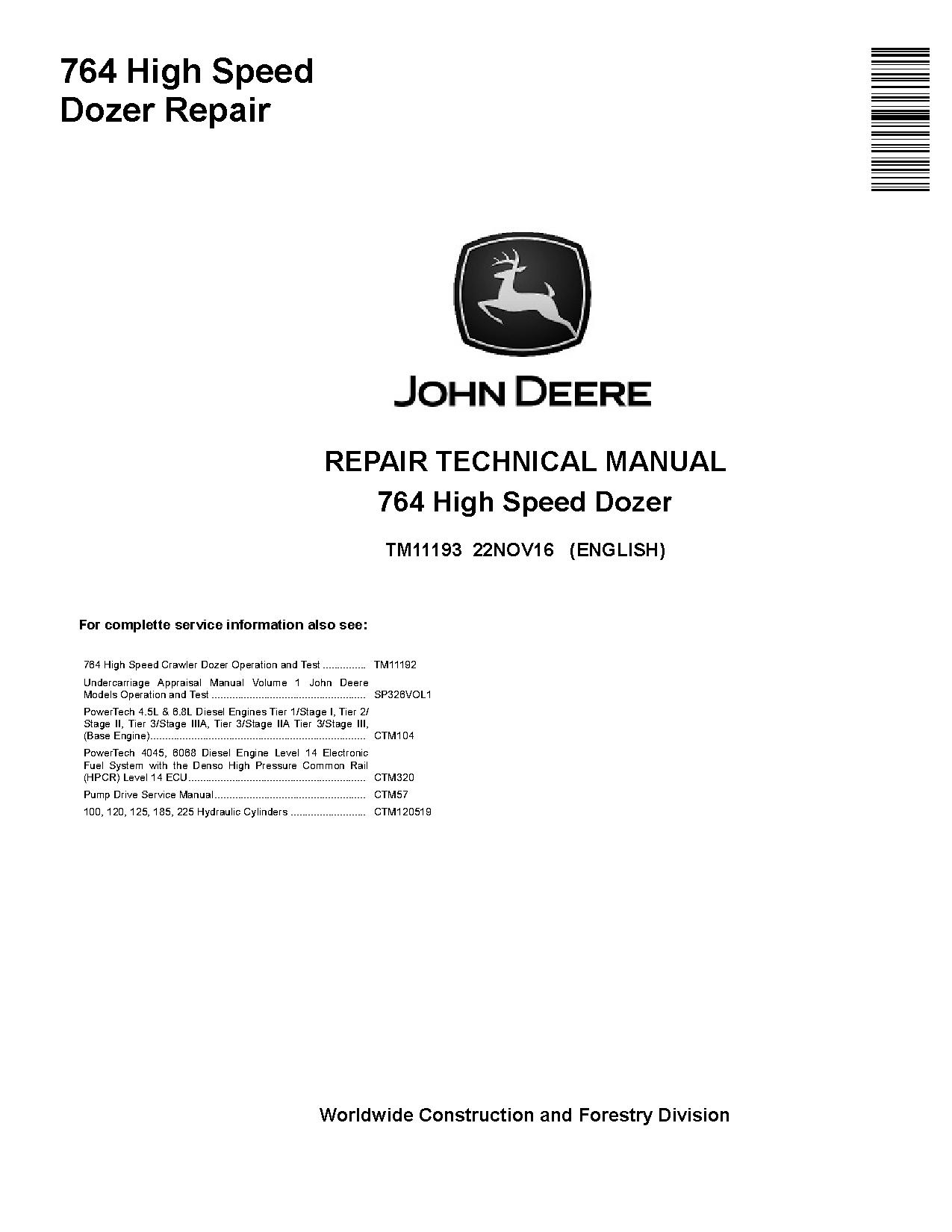 John Deere 764 High Speed Dozers Repair Manual TM11193 (1)