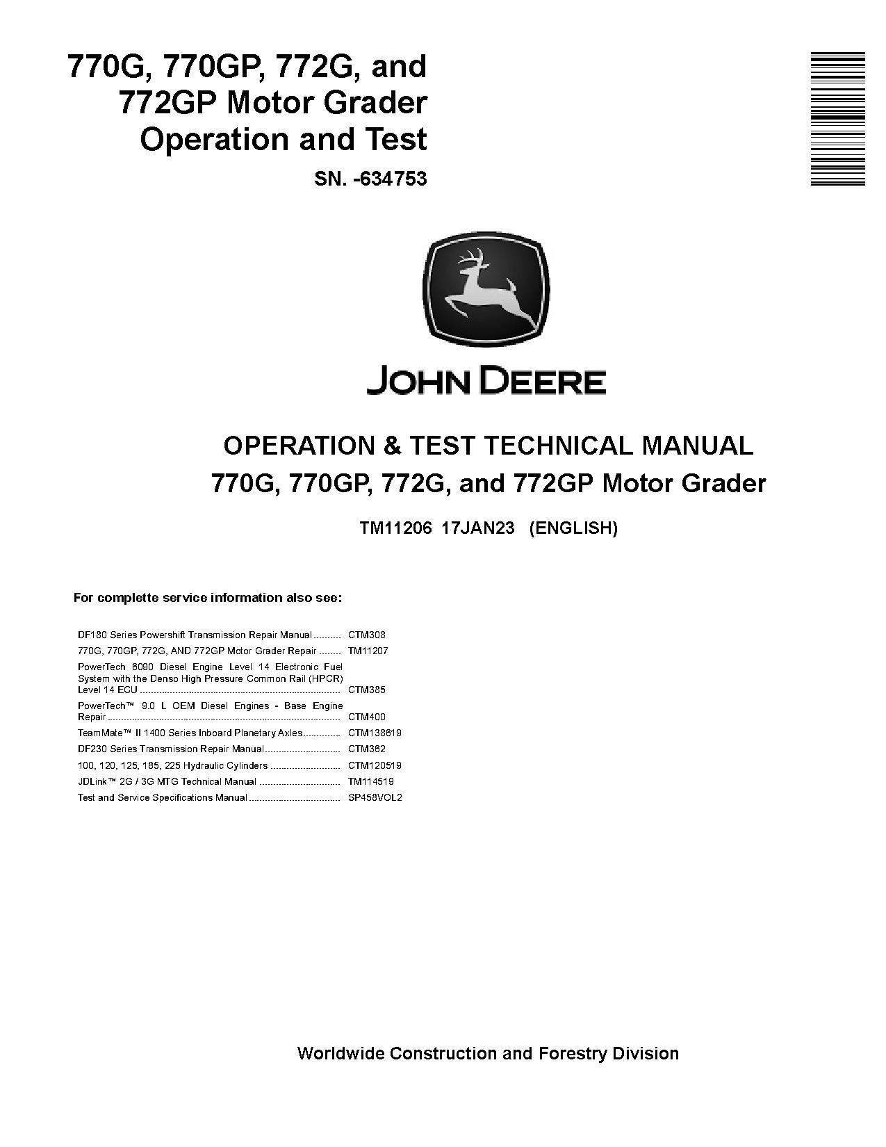 John Deere 770G 770GP 772G 772GP Motor Graders Operation Test Manual TM11206 (1)