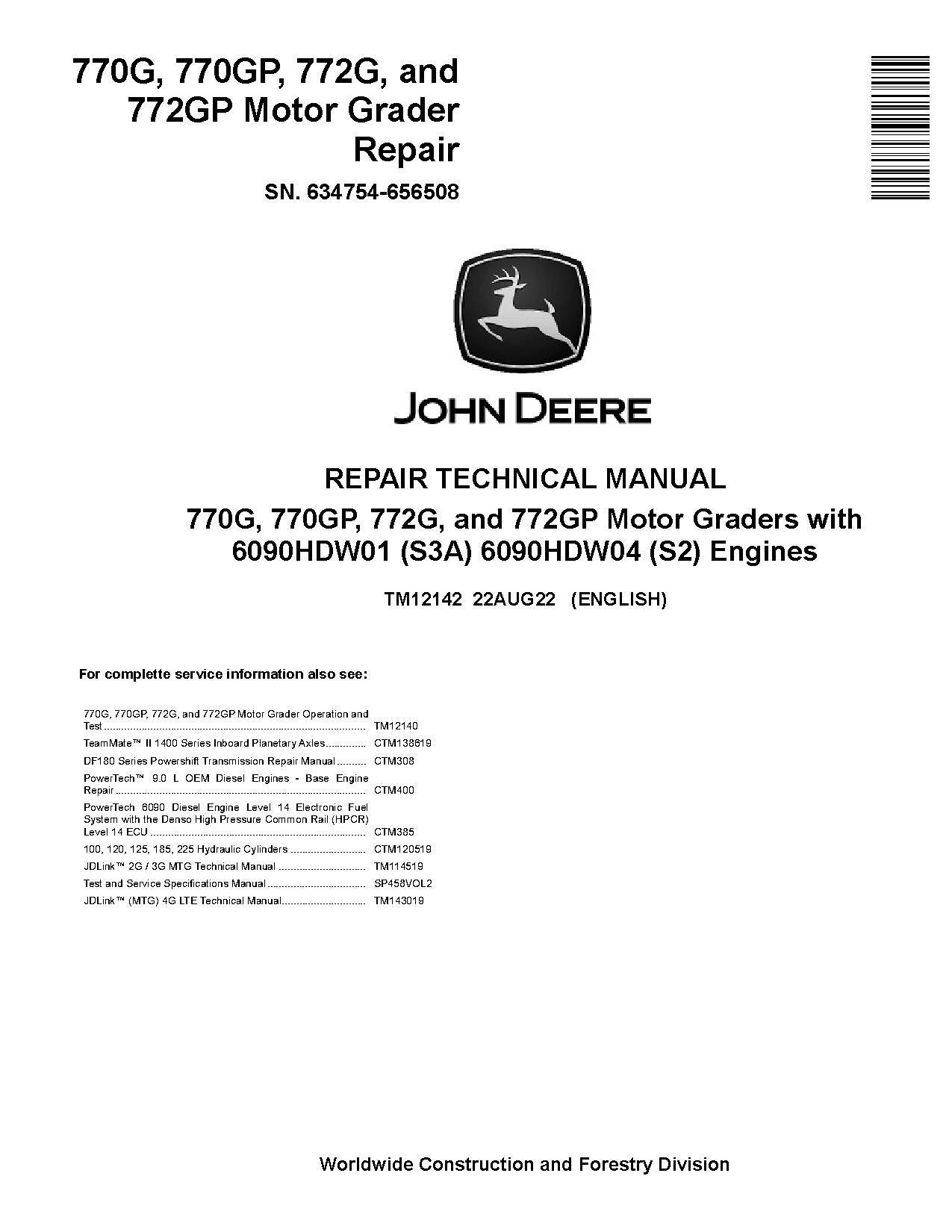John Deere 770G 770GP 772G 772GP Motor Graders Repair Manual TM12142 (1)