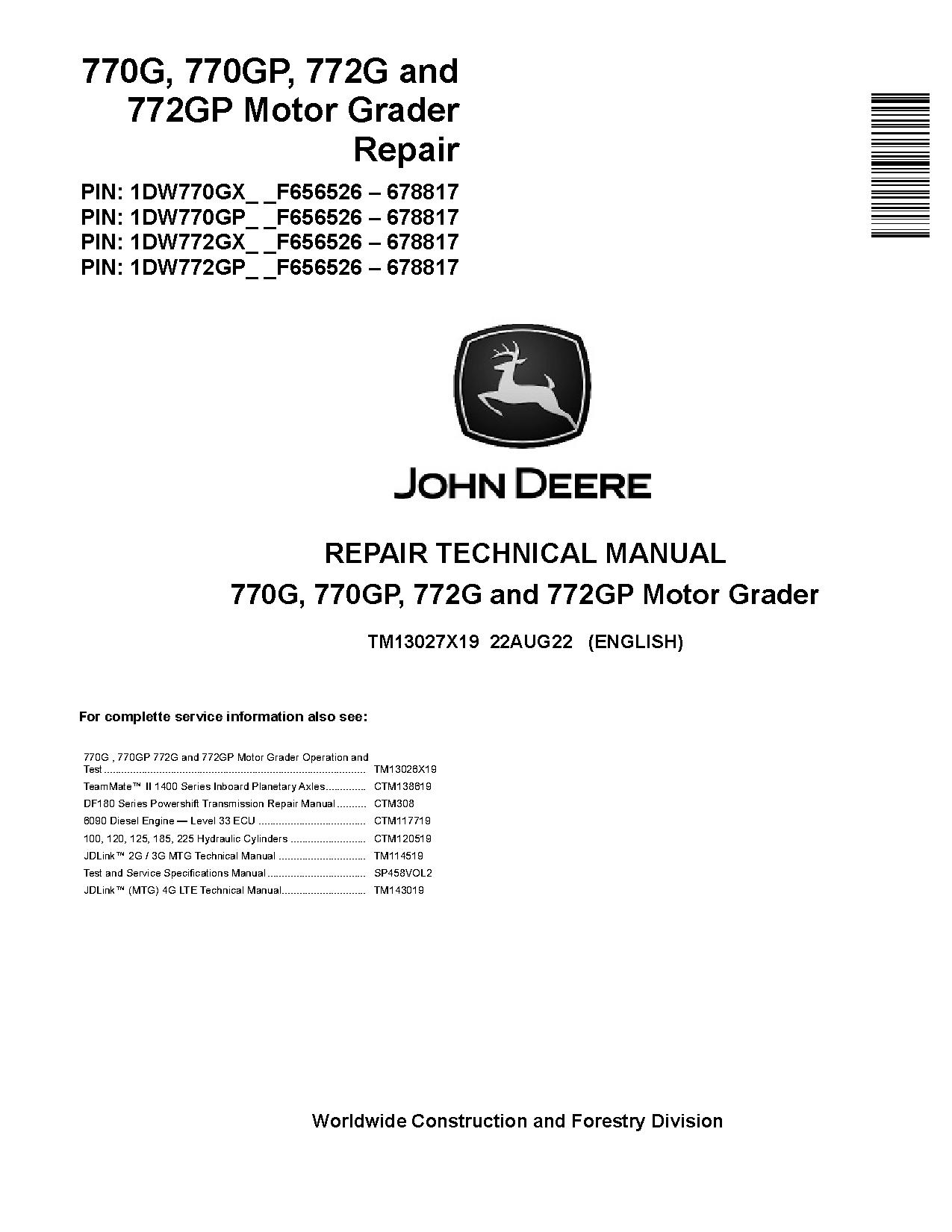 John Deere 770G 770GP 772G 772GP Motor Graders Repair Manual TM13027X19 (1)