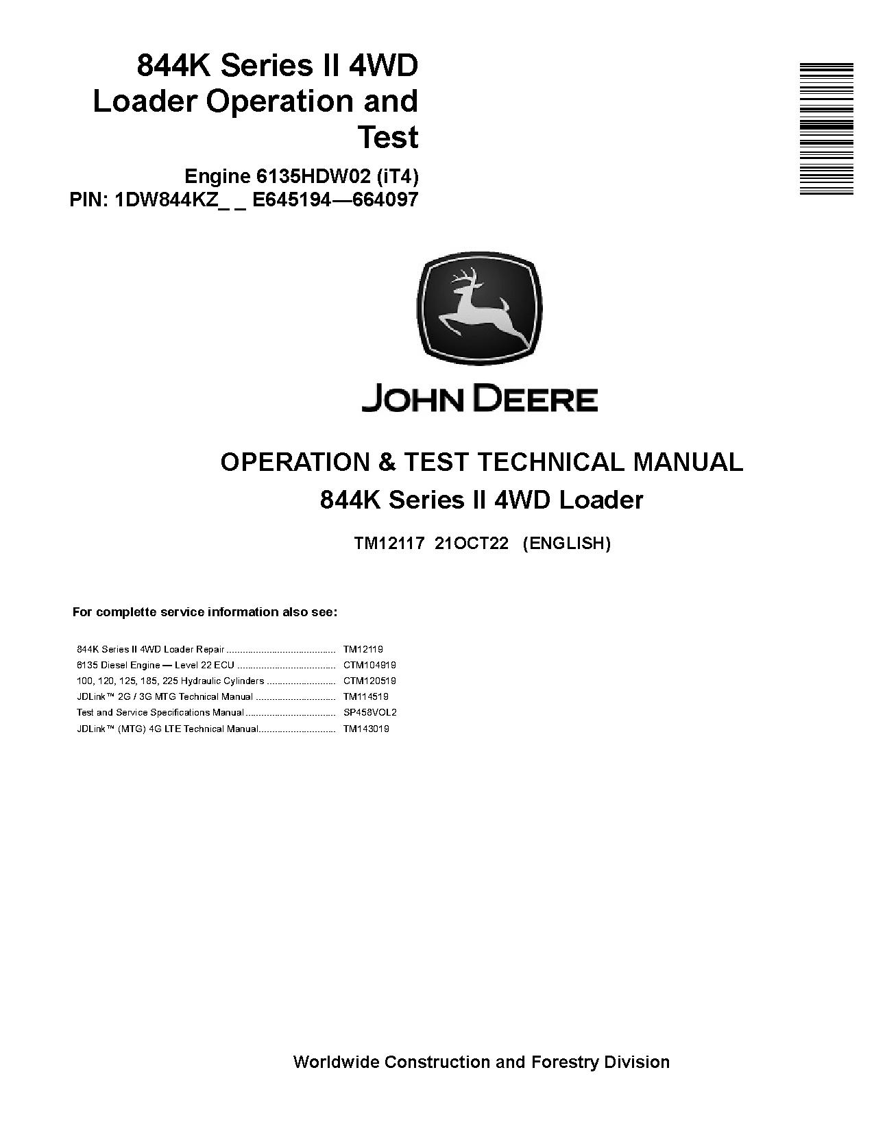 John Deere 844K 4WD Loaders Operation Test Manual TM12117 (1)