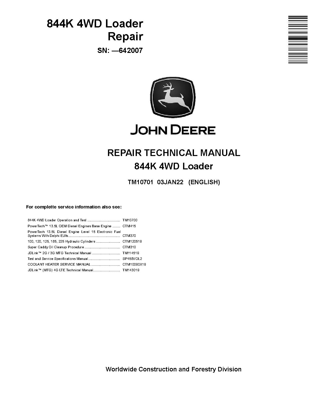 John Deere 844K 4WD Loaders Repair Manual TM10701 (1)