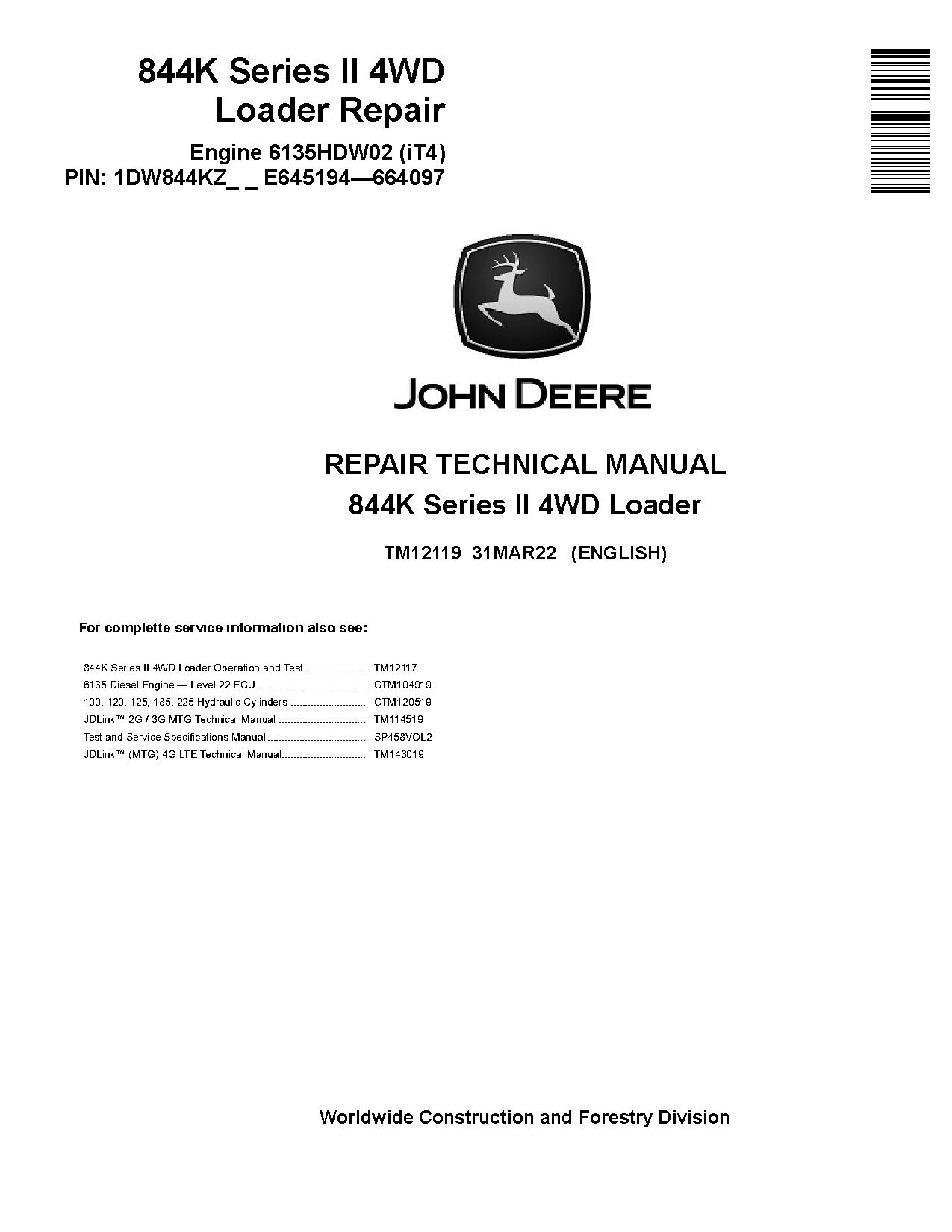 John Deere 844K 4WD Loaders Repair Manual TM12119 (1)