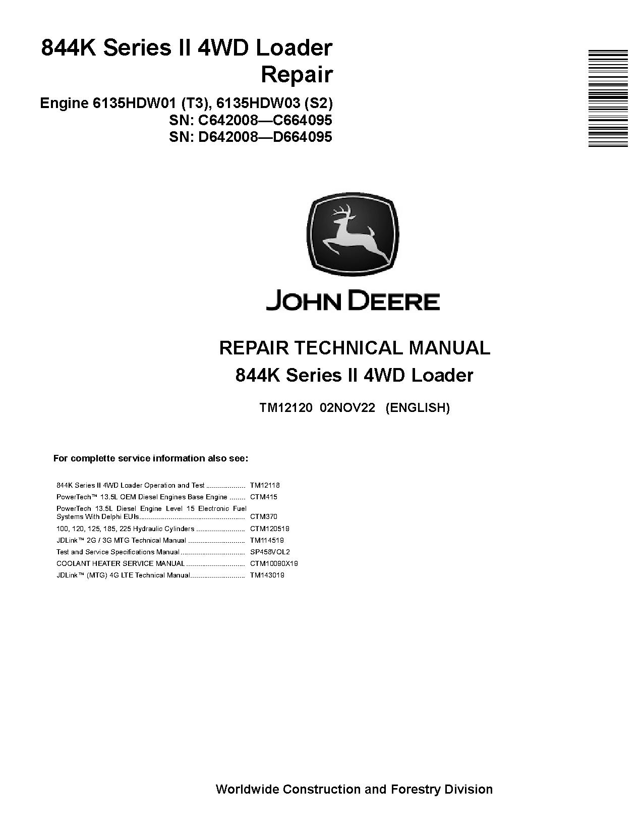 John Deere 844K 4WD Loaders Repair Manual TM12120 (1)