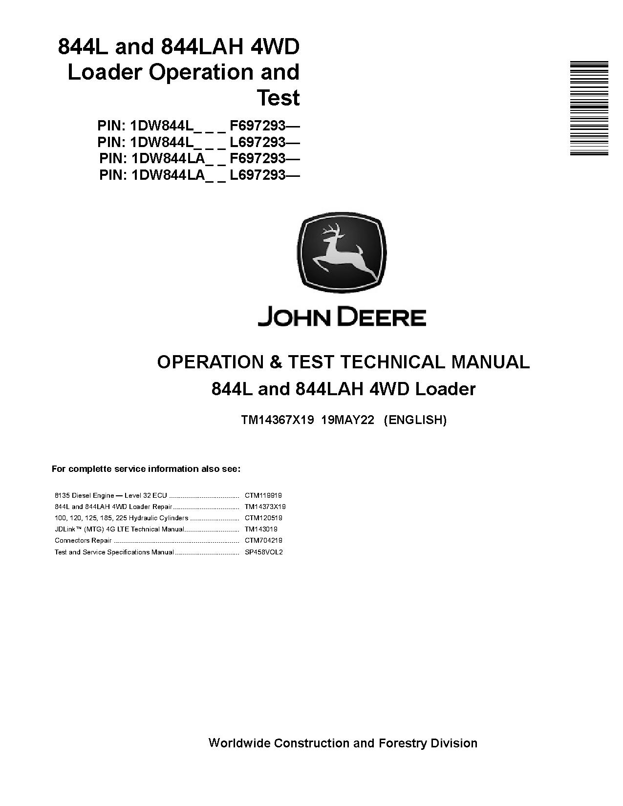 John Deere 844L 844LAH 4WD Loaders Operation Test Manual TM14367X19 (1)