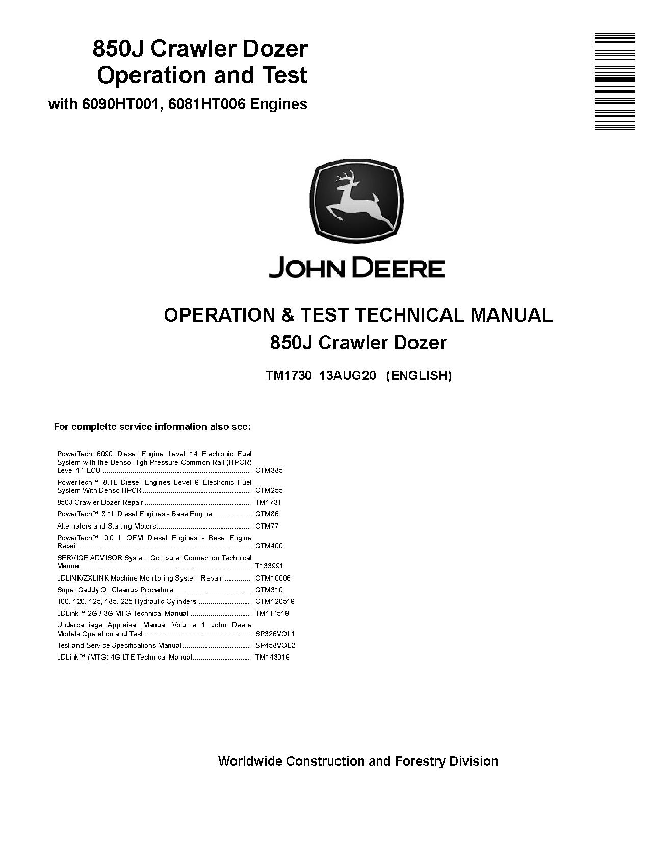 John Deere 850J Crawler Dozers Operation Test Manual TM1730 (1)