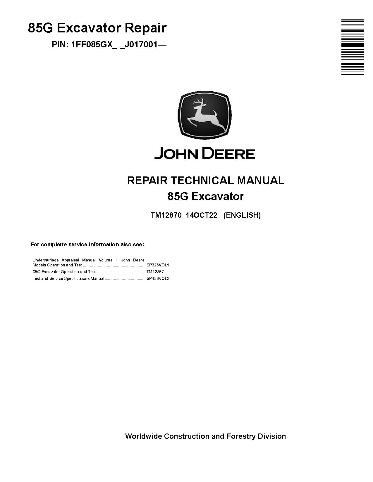 John Deere 85G Crawler Excavators Repair Manual TM12870 (1)