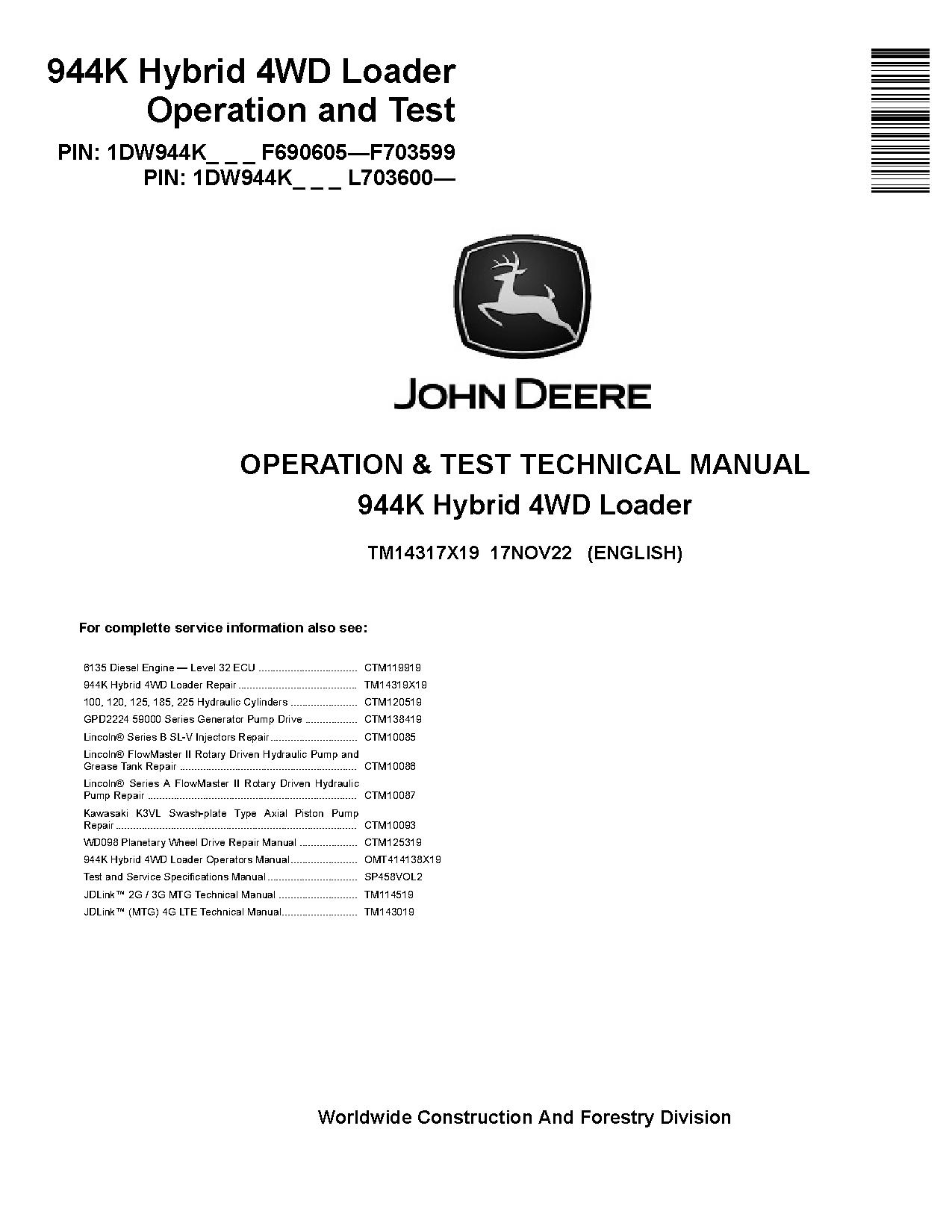 John Deere 944K Hybrid 4WD Loaders Operation Test Manual TM14317X19 (1)