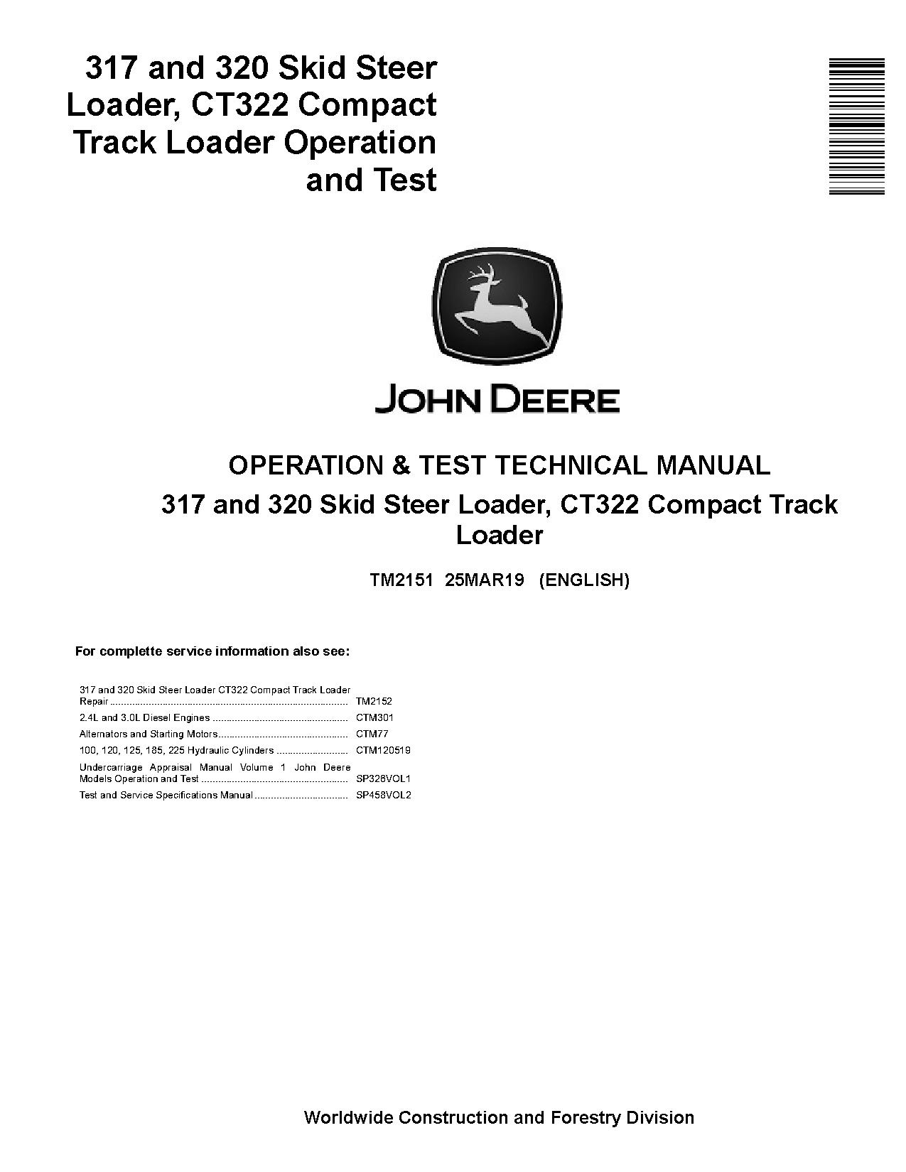 John Deere CT322 Compact Track Loaders 317 320 Skid Steer Loaders Operation Test Manual TM2151 (1)