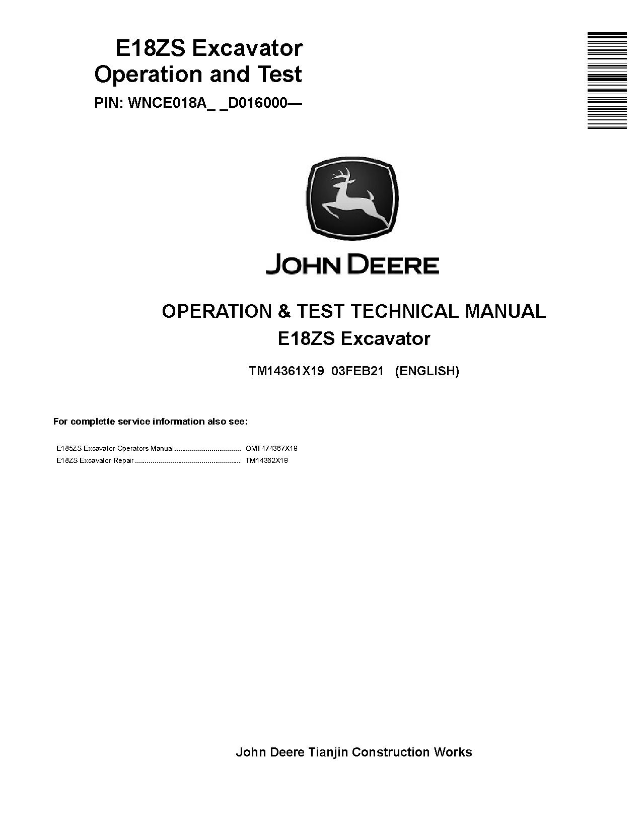 John Deere E18ZS Compact Excavators Operation Test Manual TM14361X19 (1)