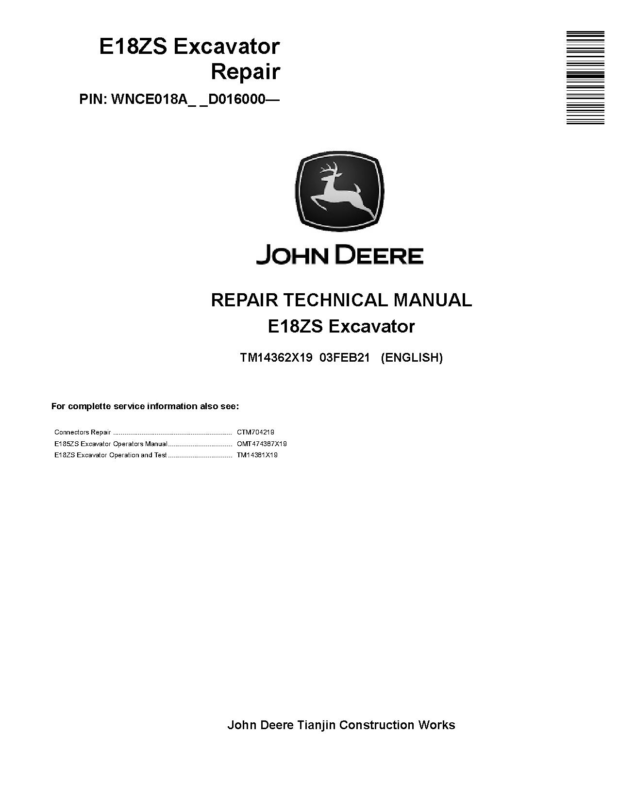 John Deere E18ZS Compact Excavators Repair Manual TM14362X19 (1)