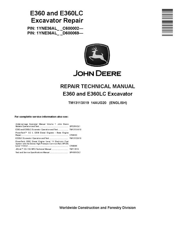 John Deere E360 E360LC Crawler Excavators Repair Manual TM13113X19 (1)
