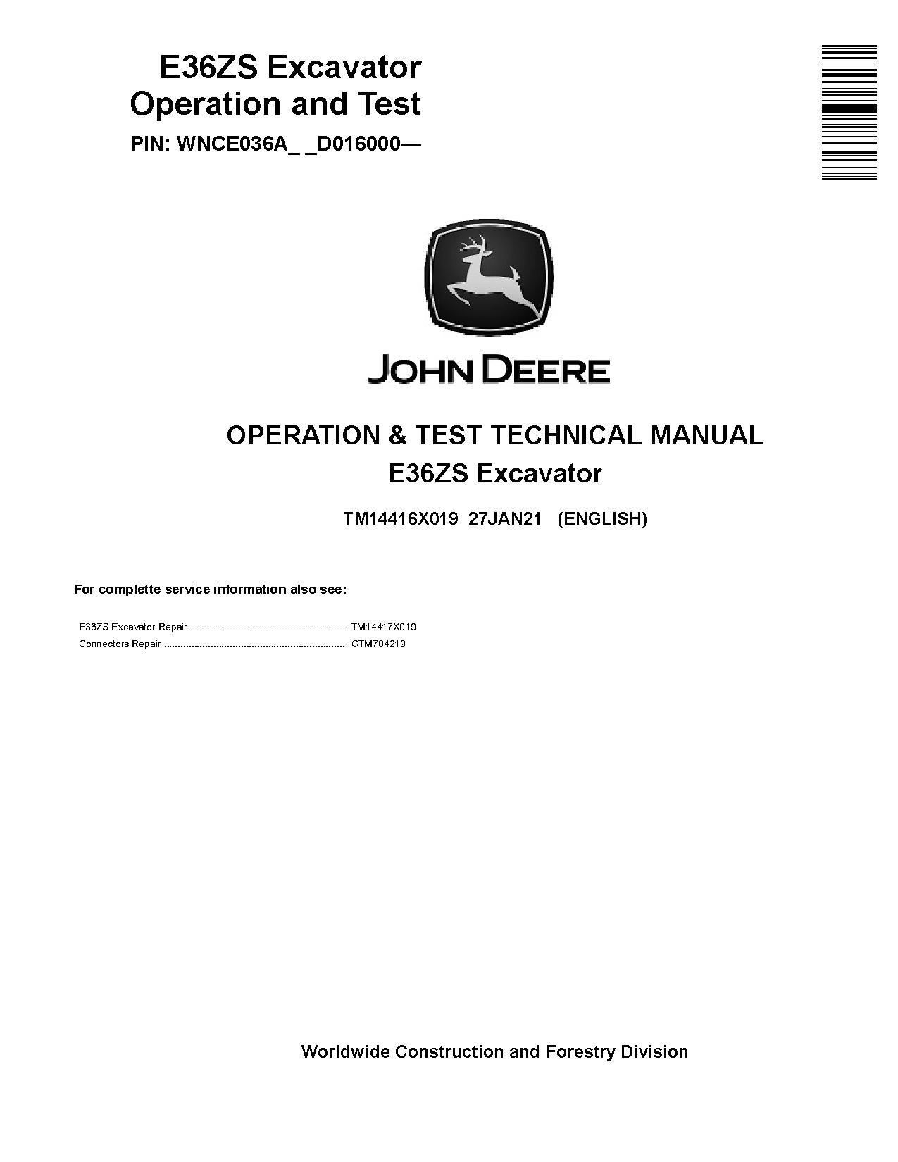 John Deere E36ZS Compact Excavators Operation Test Manual TM14416X019 (1)