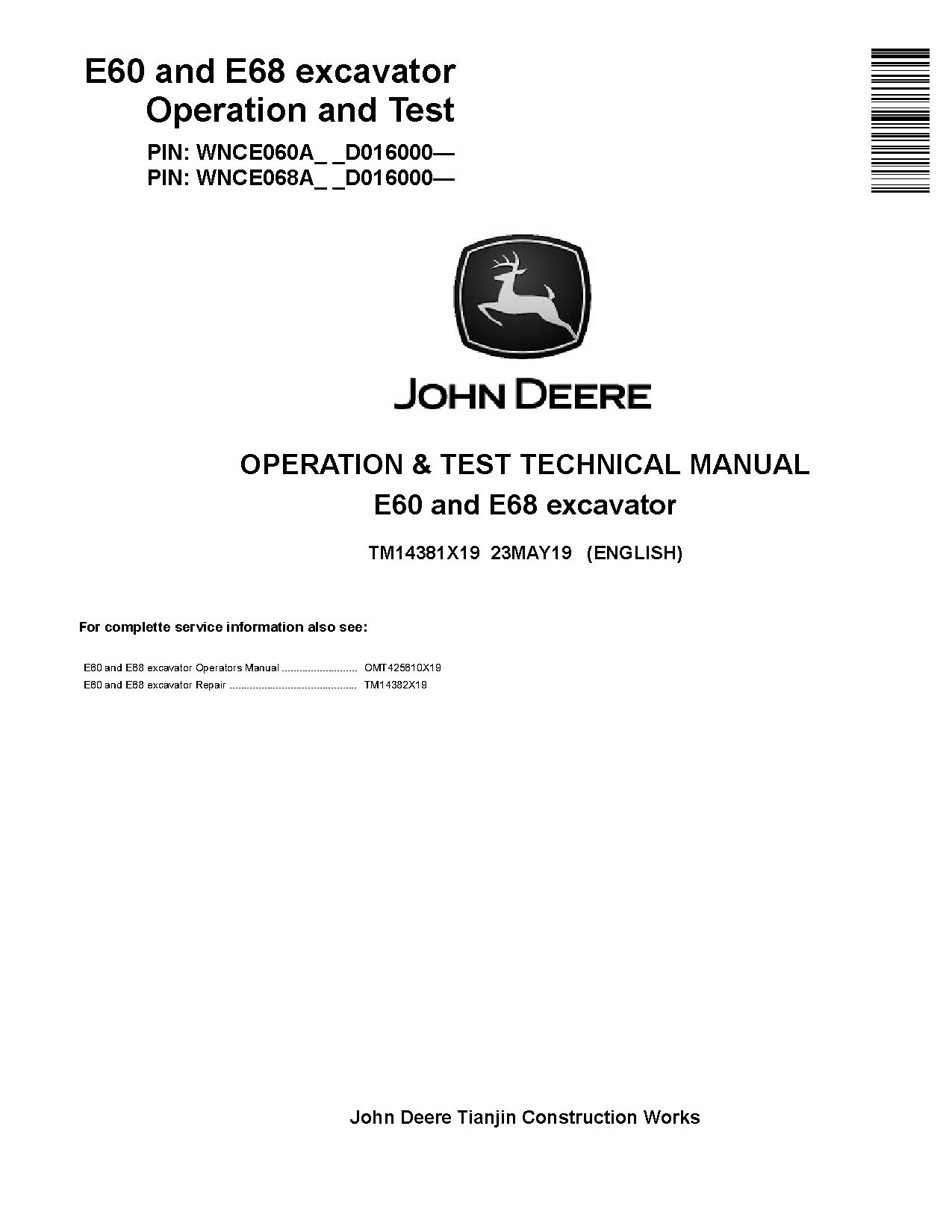 John Deere E60 E68 Compact Excavators Operation Test Manual TM14381X19 (1)