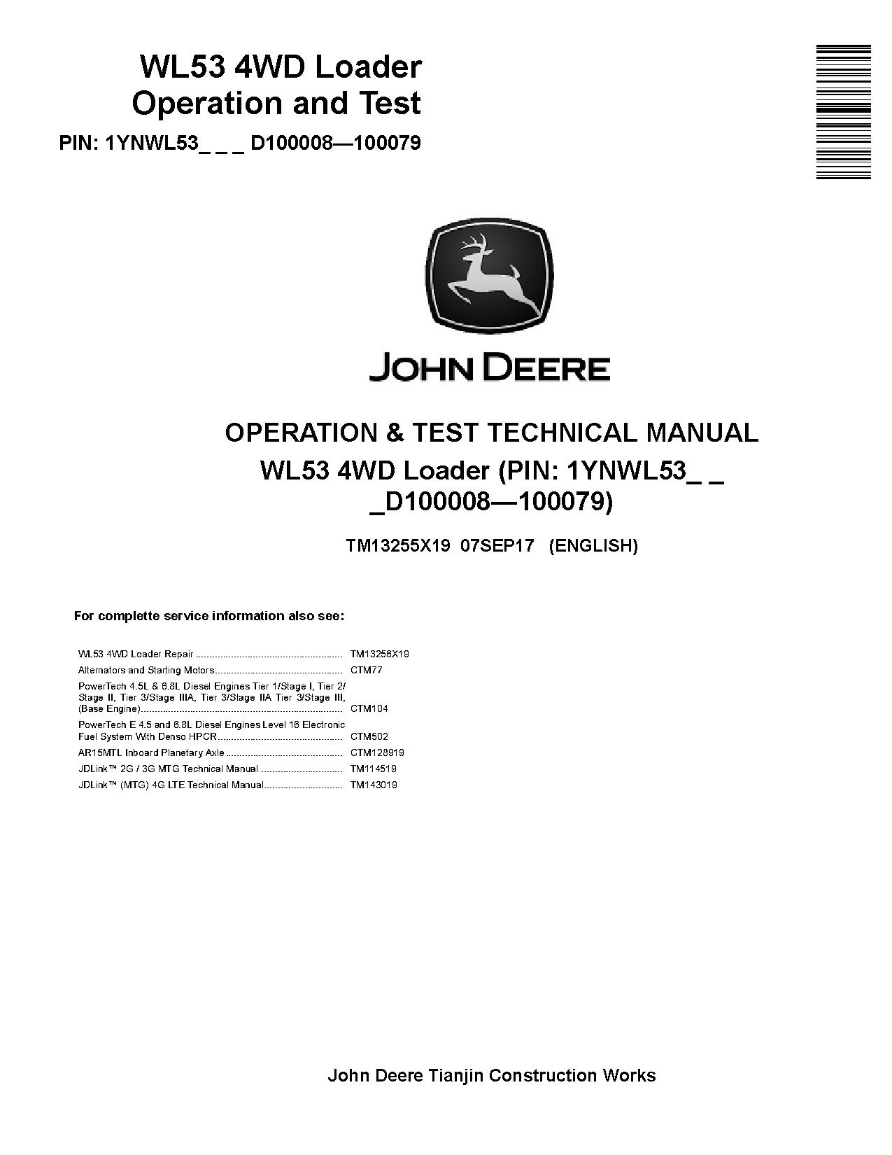 John Deere WL53 4WD Loaders Operation Test Manual TM13255X19 (1)