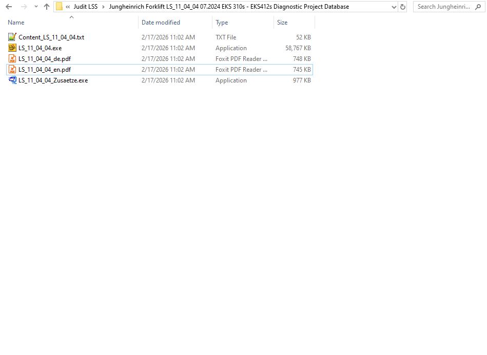 Jungheinrich Forklift LS 11 04 04 07.2024 EKS215a EKXa Diagnostic Project Database 1