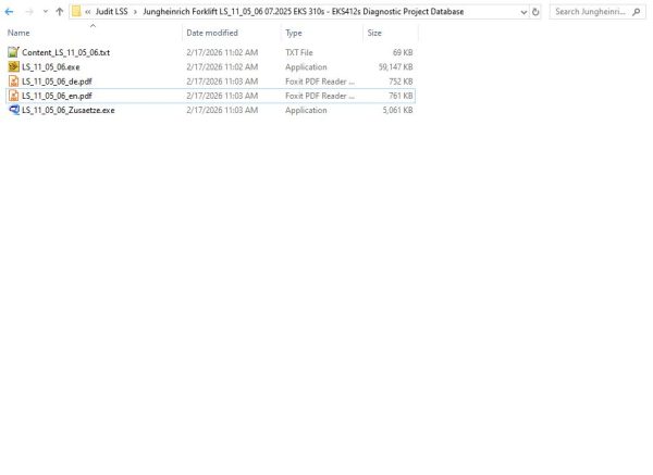 Jungheinrich Forklift LS 11 05 06 07.2025 EKS 310s EKS412s Diagnostic Project Database 1
