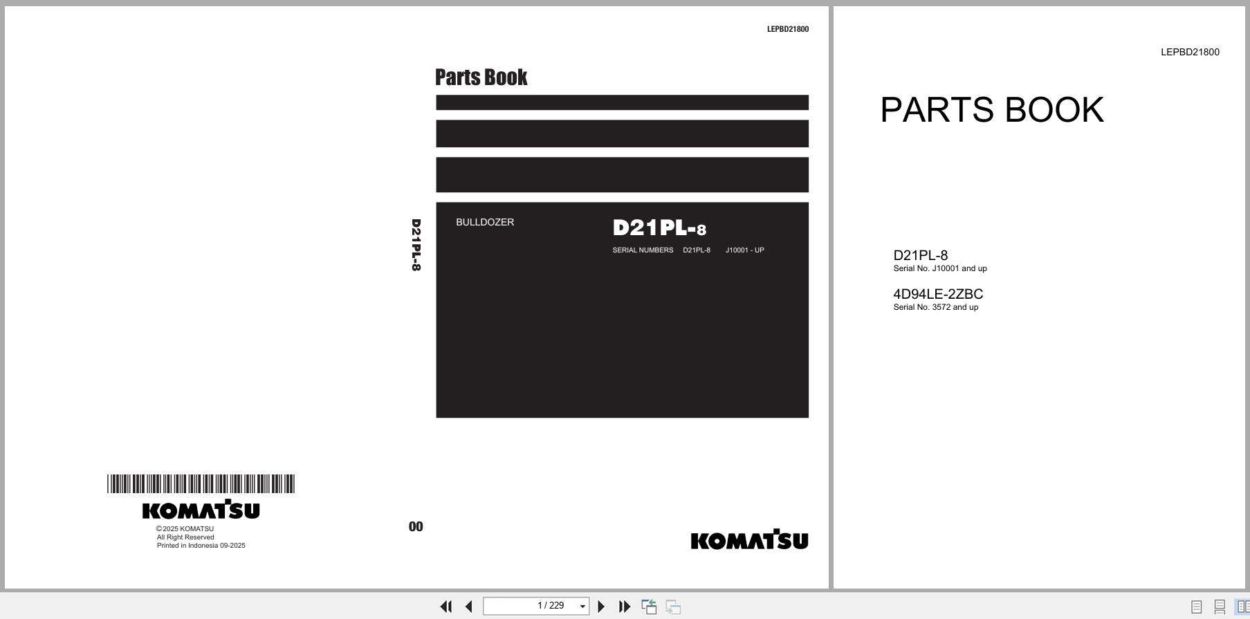 Komatsu Bulldozer D21PL 8 Parts Book LEPBD21800 2025 (1)