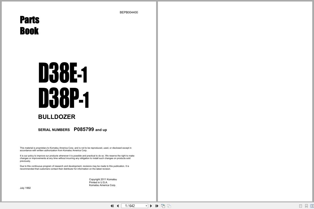 Komatsu Bulldozer D38E 1 D38P 1 Parts Manual BEPB004400 1992 (1)