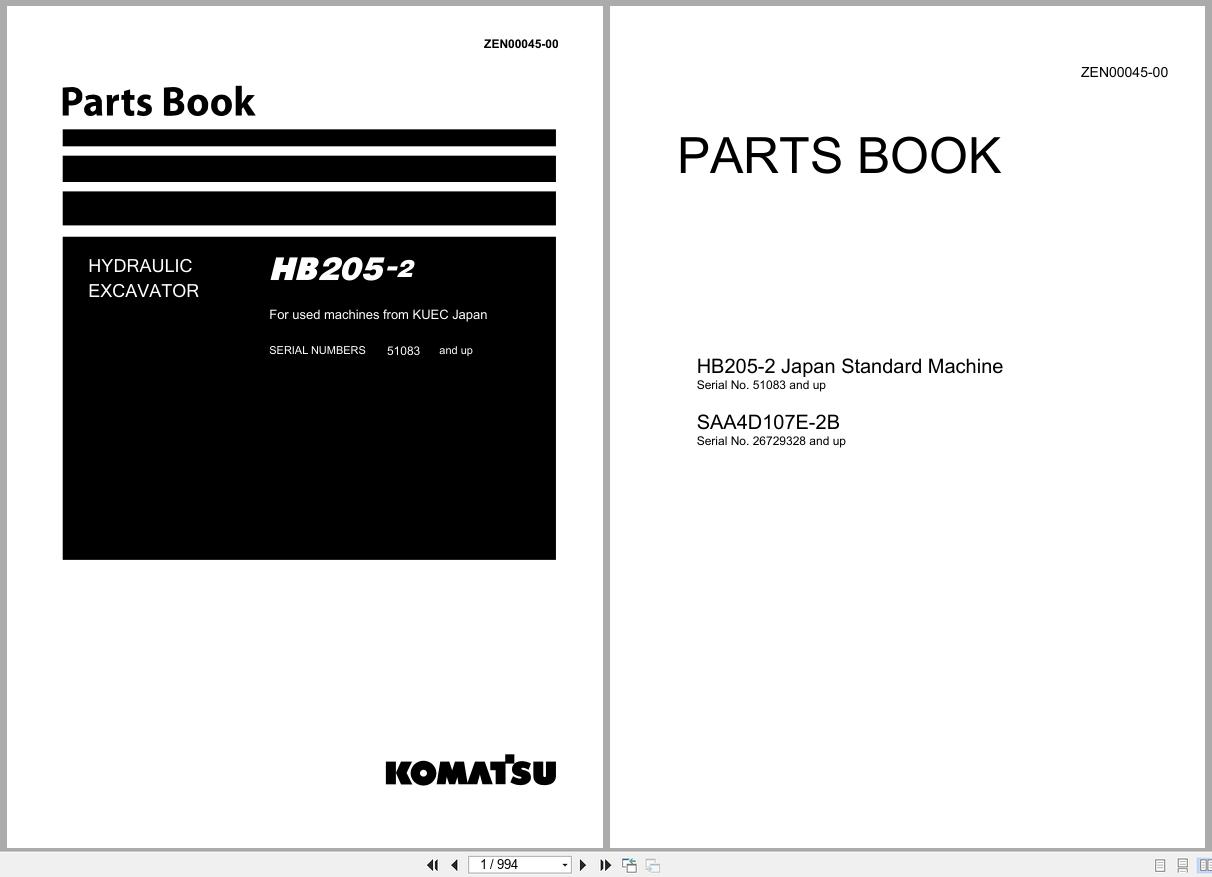 Komatsu Hydraulic Excavator HB205 2 Parts Book ZEN00045 00 2003 (1)