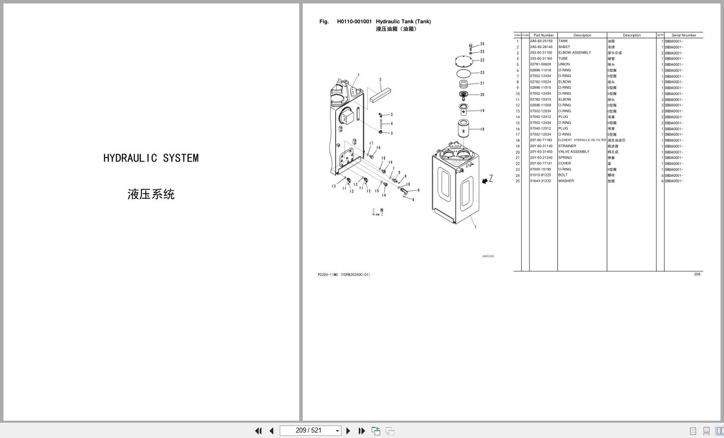 Komatsu Hydraulic Excavator PC200 11M0 to PC235HD 11M0 Parts Book YCPB202500 01 2024 EN ZH (2)