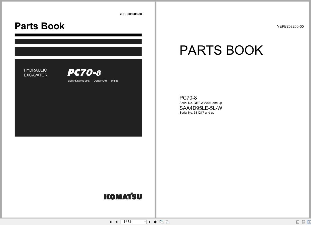 Komatsu Hydraulic Excavator PC70 8 Parts Book YEPB203200 00 2025 (1)