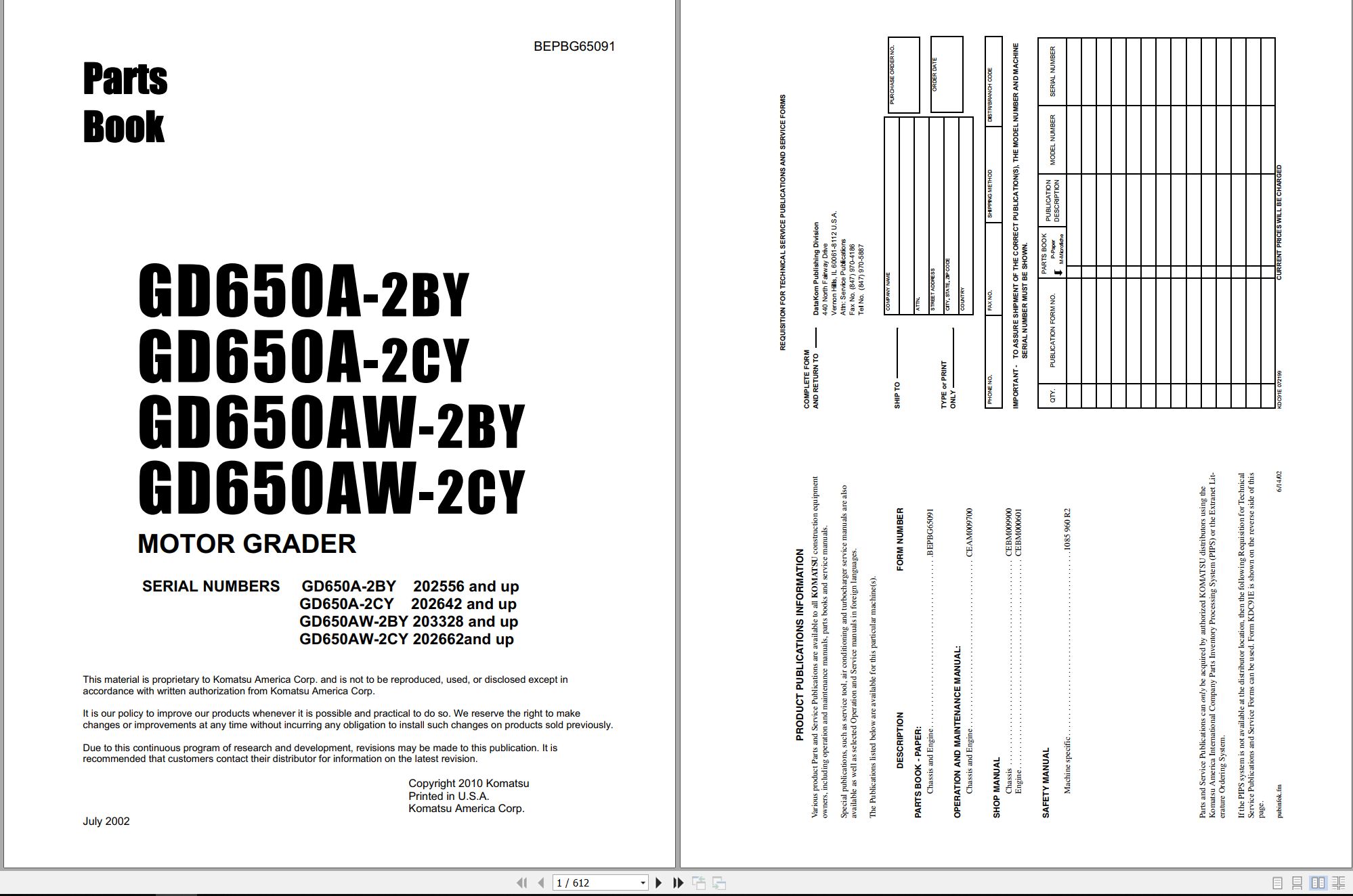 Komatsu Motor Grader GD650A 2CY to GD650AW 2CY Parts Book BEPBG65091 2002 (1)