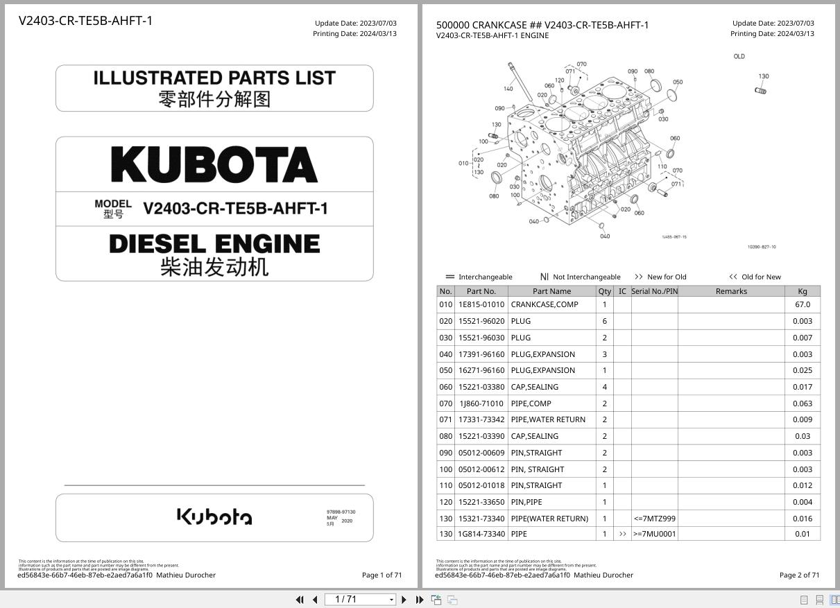 Kubota Diesel Engine V2403 CR TE5B AHFT 1 Illustrated Parts List 97898 97130 2020 (1)
