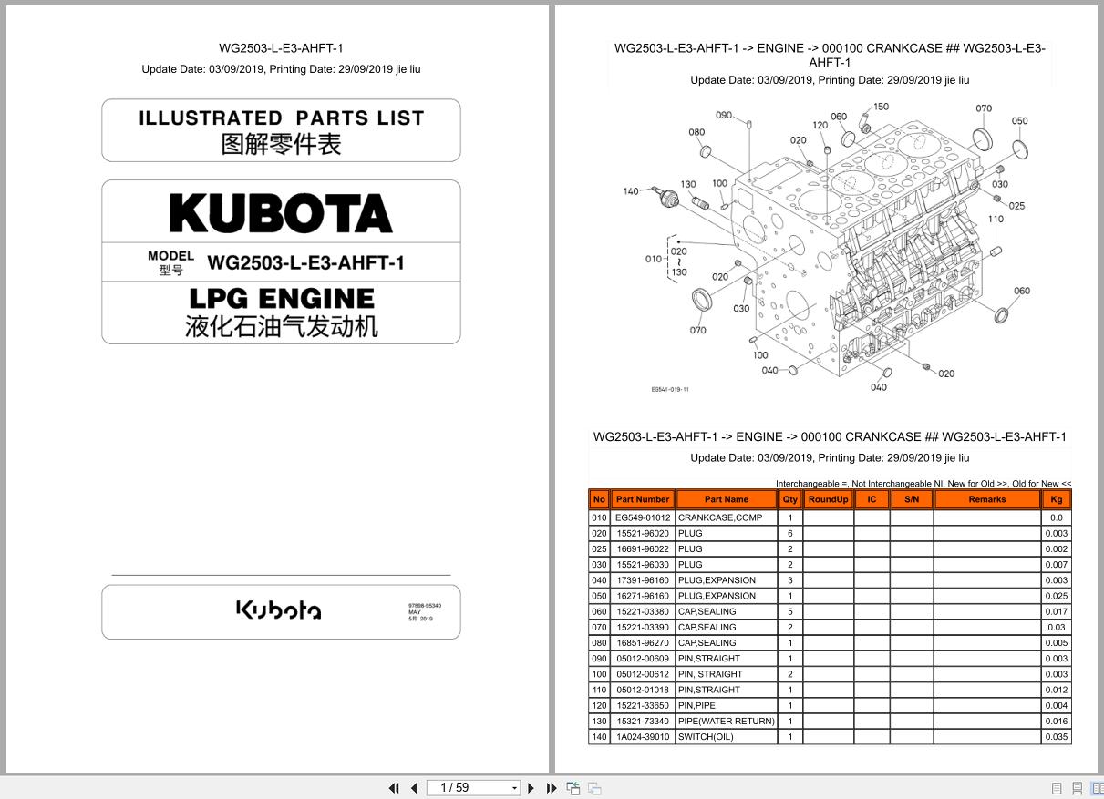 Kubota LPG Engine WG2503 L E3 AHFT 1 Illustrated Parts List 97898 95340 2019 (1)