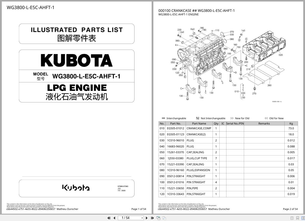 Kubota LPG Engine WG3800 L E5C AHFT 1 Illustrated Parts List 97898 97360 2020 (1)