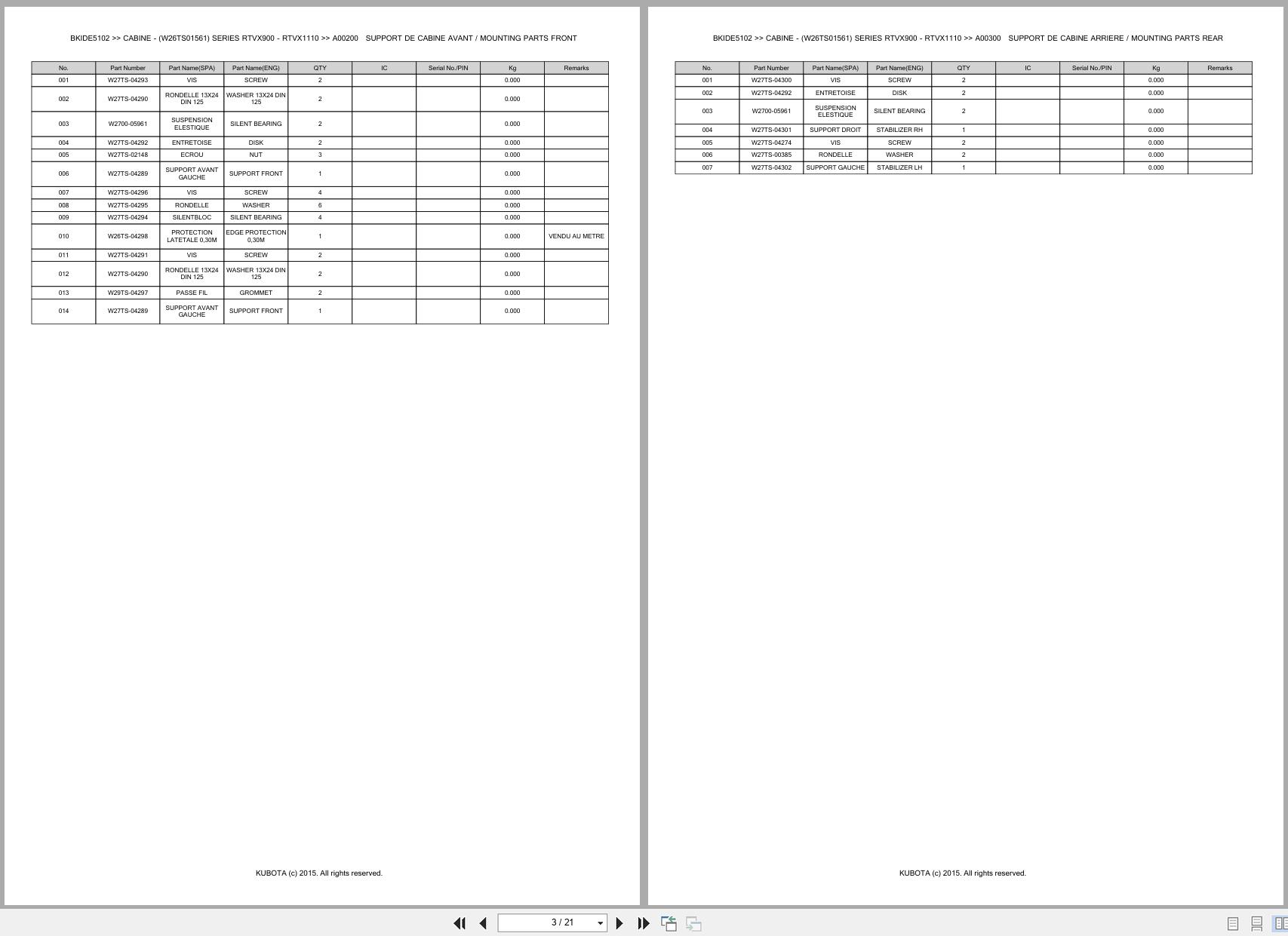 Kubota Utility Vehicle RTVX900 RTVX1110 W26TS01561 W26TS01561 Cabine Spare Parts Catalog EN FR (2)