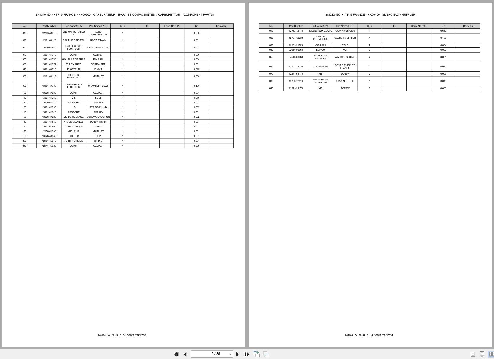 Kubota Walk Behind Tiller TF15 FRANCE Spare Parts Catalog EN FR (2)