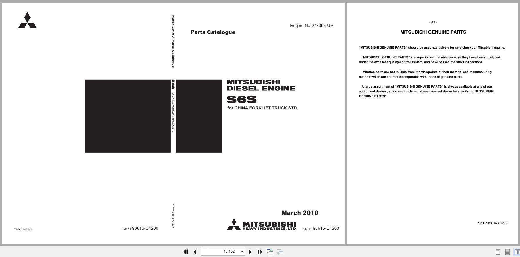 Mitsubishi Diesel Engine S6S 073093 UP Parts Catalog 98615 C1200 2010 (1)