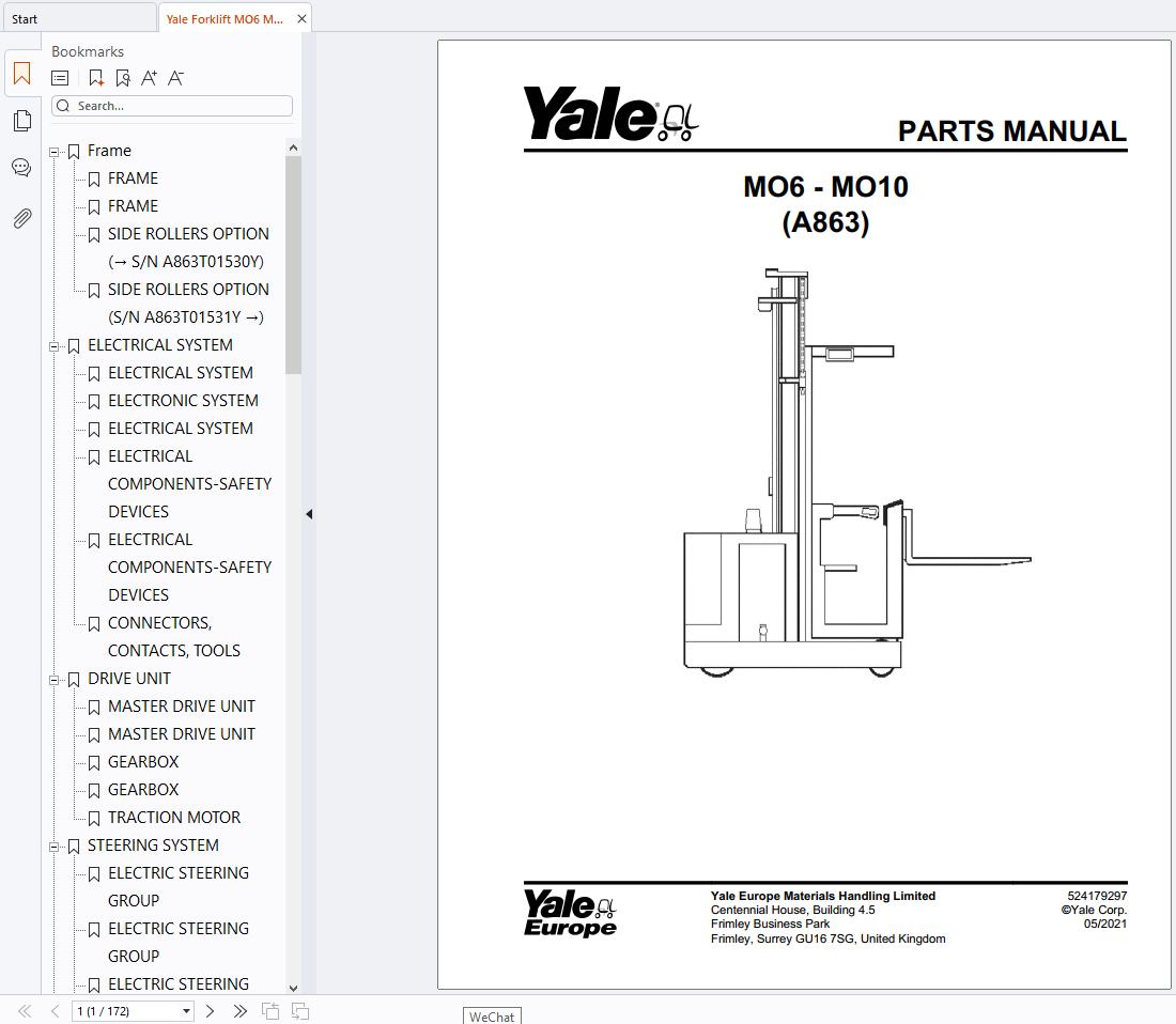 Yale Forklift MO6 MO10 A863 Parts Manual 524179297 (1)