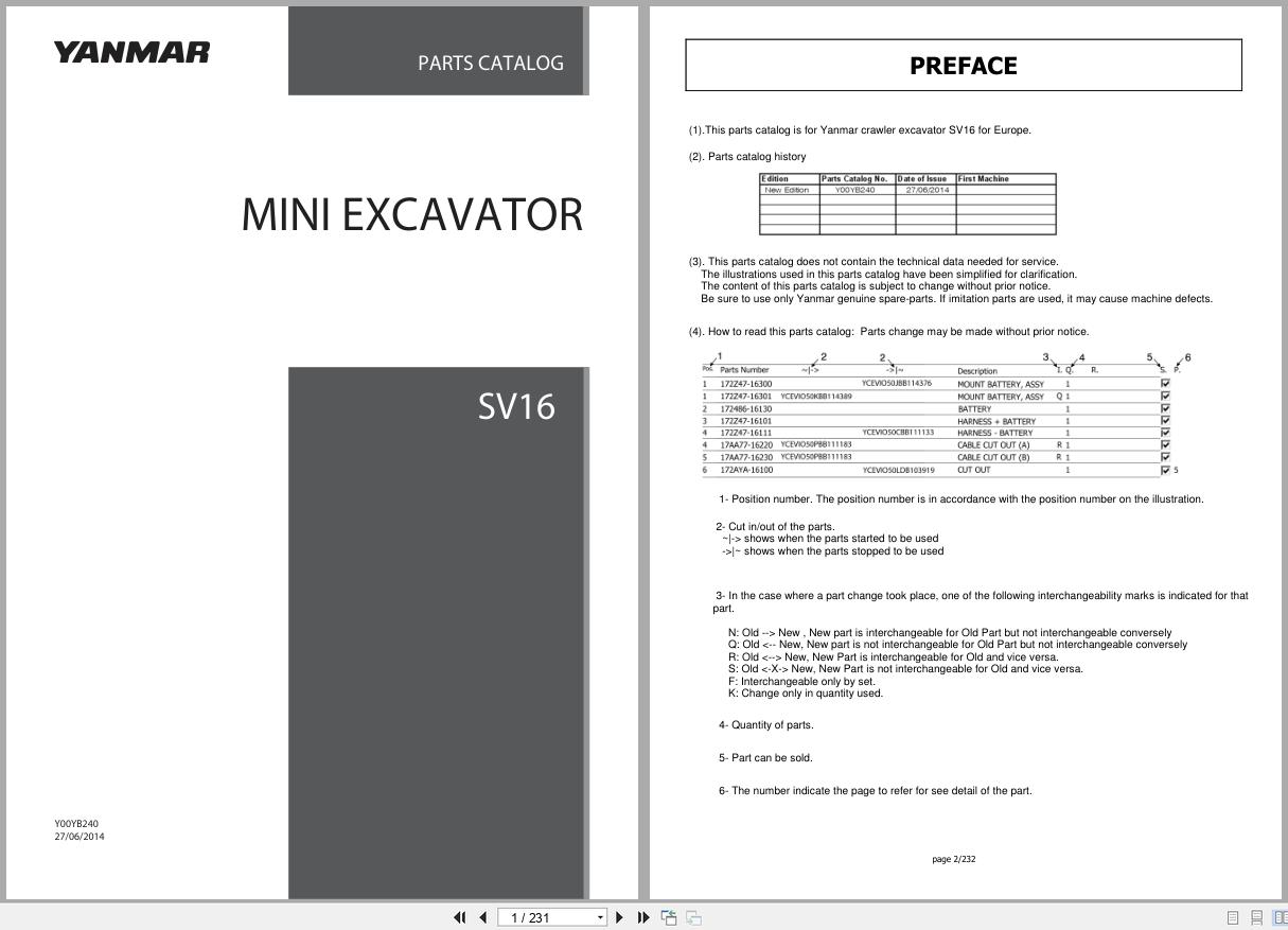 Yanmar Mini Excavator SV16 Parts Catalog Y00YB240 2014 1