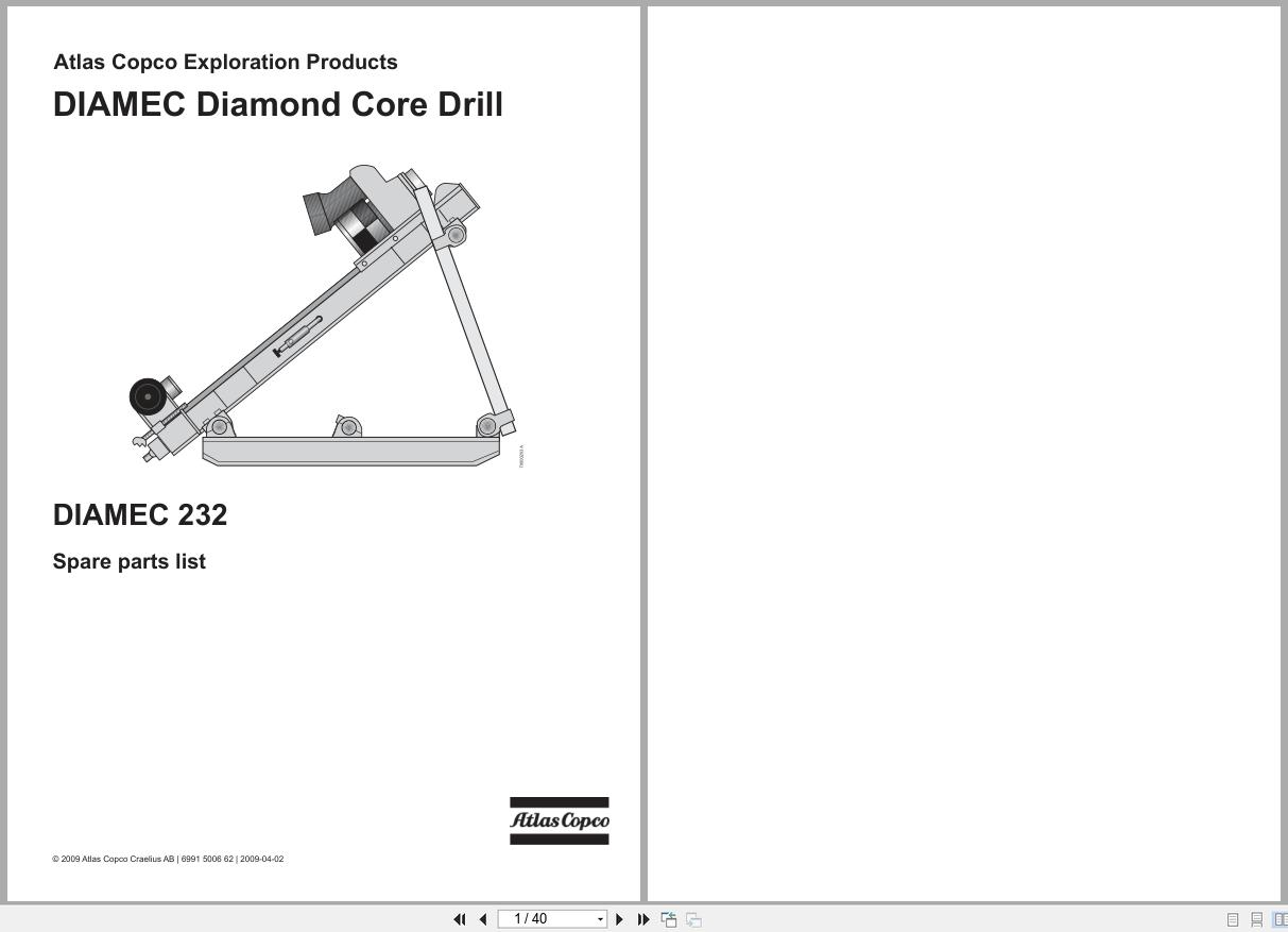 Atlas Copco Diamond Core Drill DIAMEC 232 Parts List 6991500662 2009 1
