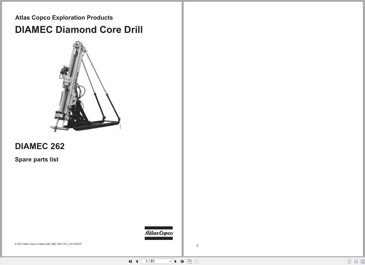 Atlas Copco Diamond Core Drill DIAMEC 262 Parts List 6991062161h 2010 EN DE 1