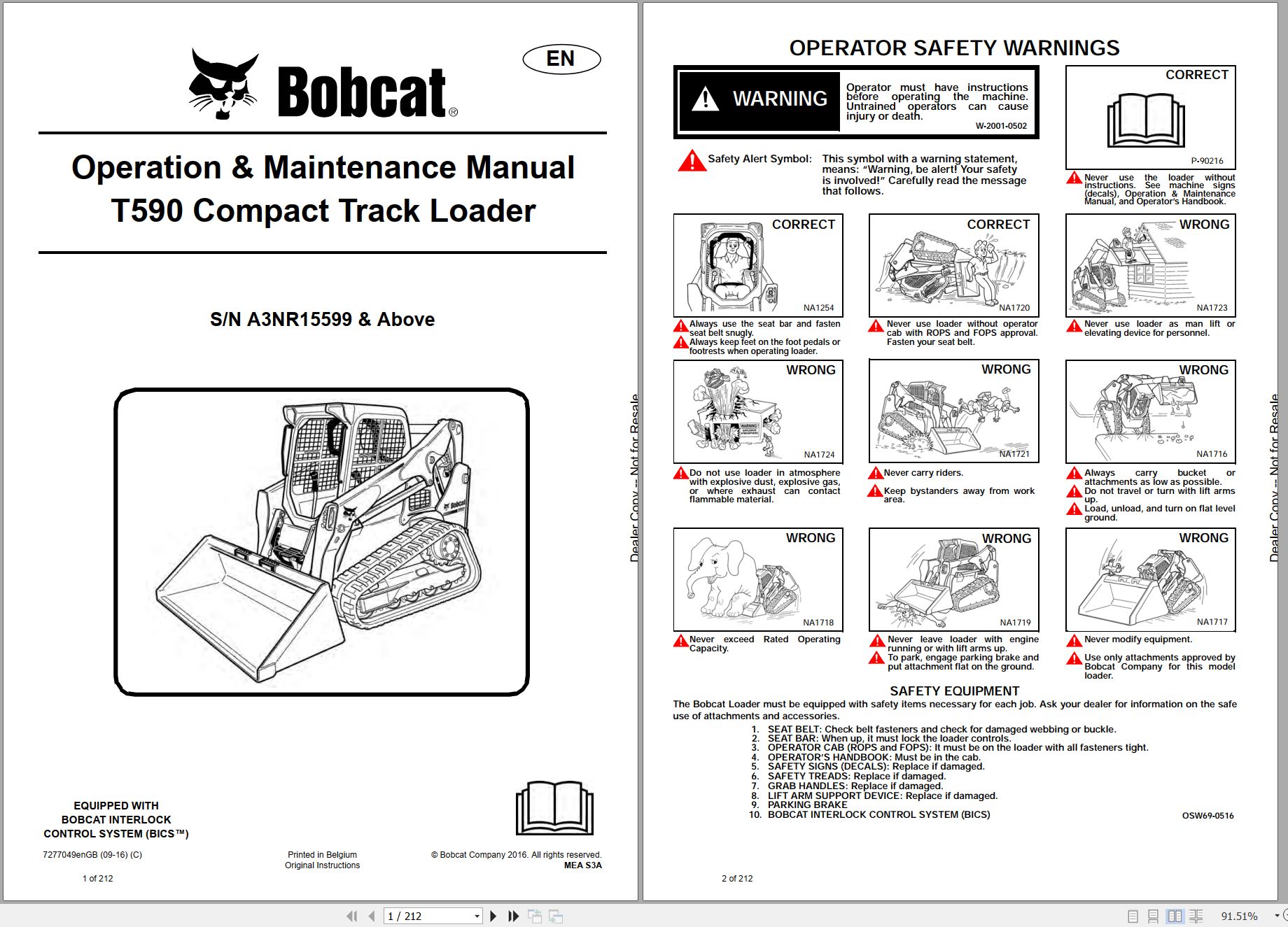 Bobcat Compact Track Loader T590 Operation Maintenance Manual 7277049 2016 1