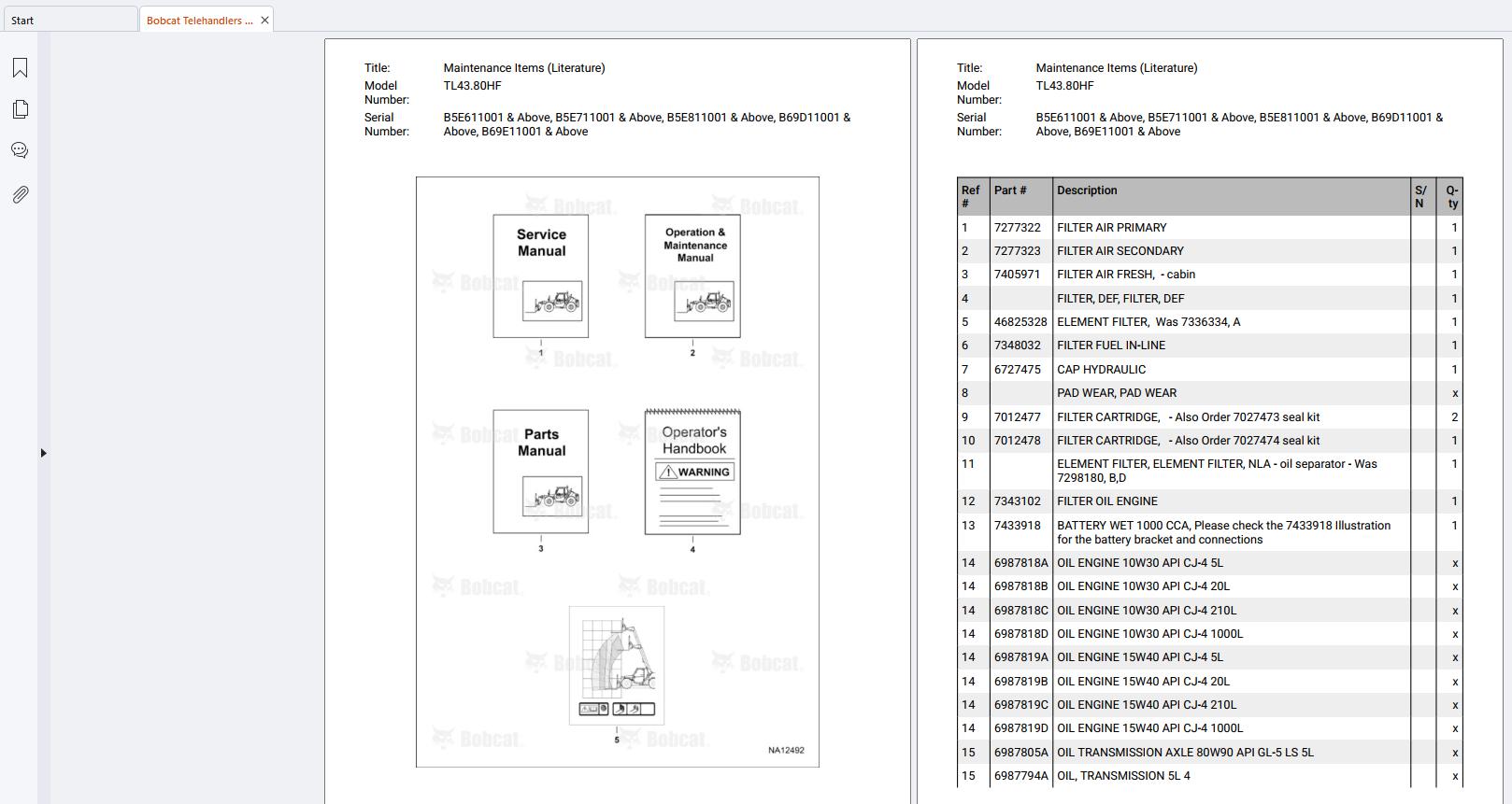 Bobcat Telehandlers TL43.80 TL43.80HF Parts Manual (1)