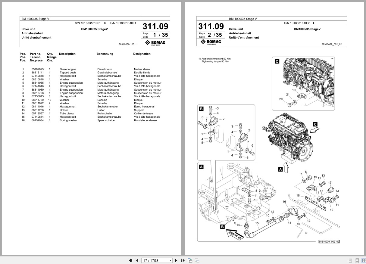 Bomag Cold Milling Planer BM 1000 35 Stage V Spare Parts Catalog 2018 2021 EN DE FR (2)