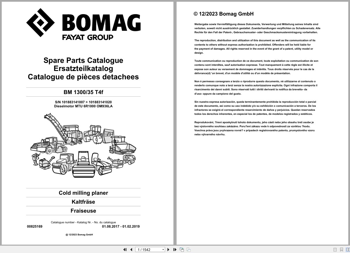 Bomag Cold Milling Planer BM 1300 35 T4f Spare Parts Catalog 2017 2019 EN DE FR (1)