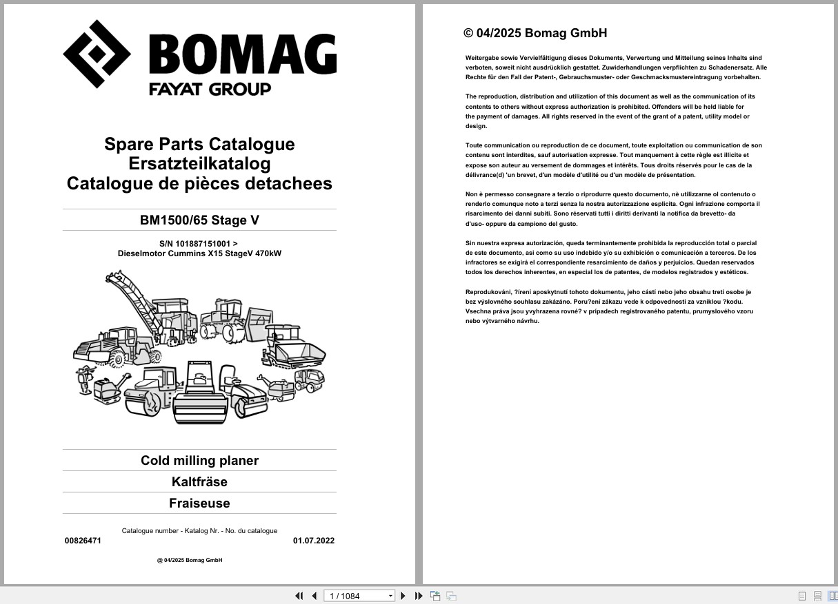 Bomag Cold Milling Planer BM 1500 65 Stage V Spare Parts Catalog 2022 EN DE FR (1)